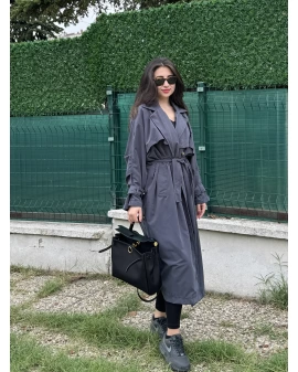 Füme Düğmeli Kruvaze Yaka Oversize Trençkot