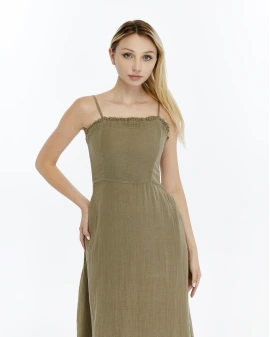 HAKİ FIRFIRLI İP ASKILI MÜSLİN ELBİSE