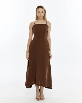 KAHVE FIRFIRLI İP ASKILI MÜSLİN ELBİSE