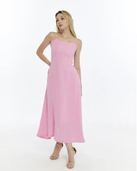 PEMBE FIRFIRLI İP ASKILI MÜSLİN ELBİSE