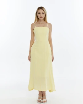 SARI FIRFIRLI İP ASKILI MÜSLİN ELBİSE