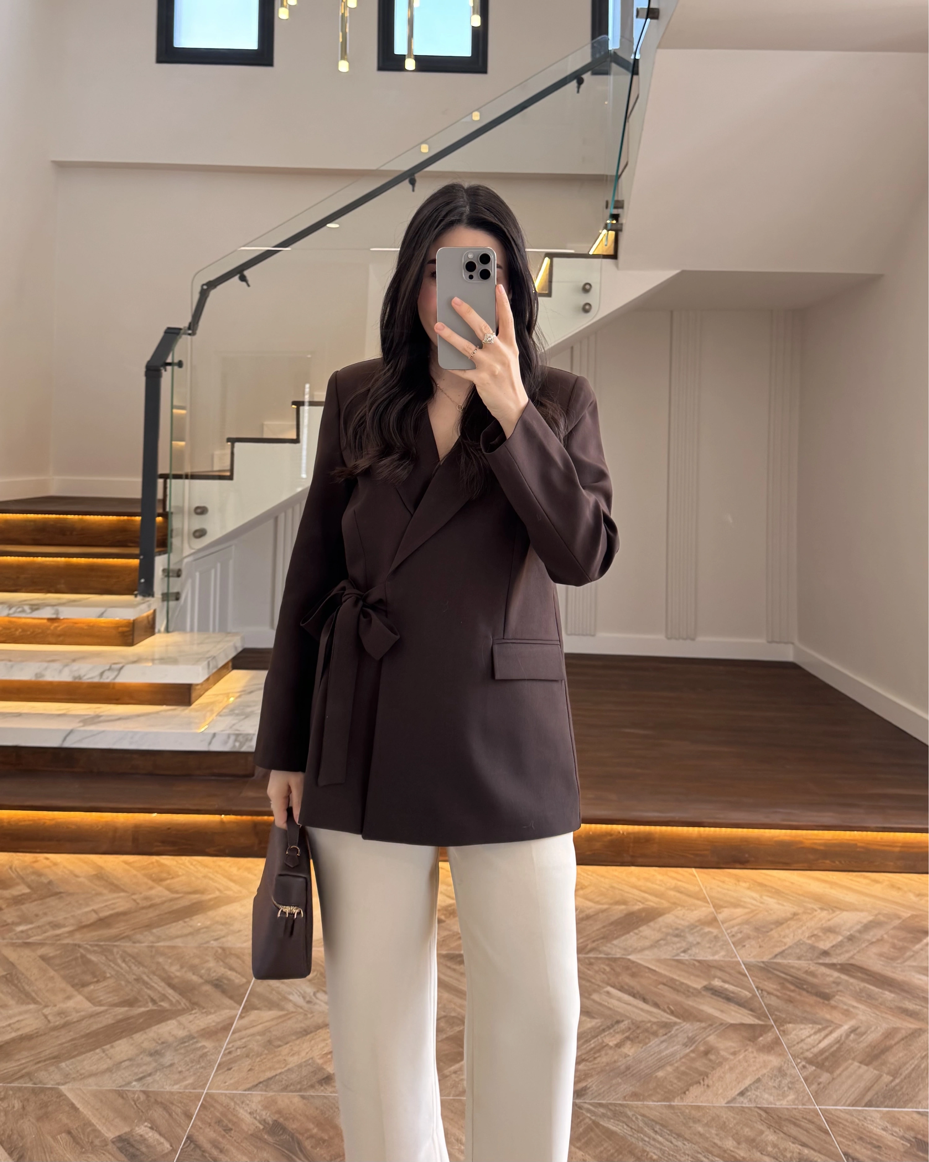 KAHVE BAĞLAMA DETAYLI BLAZER CEKET -7657