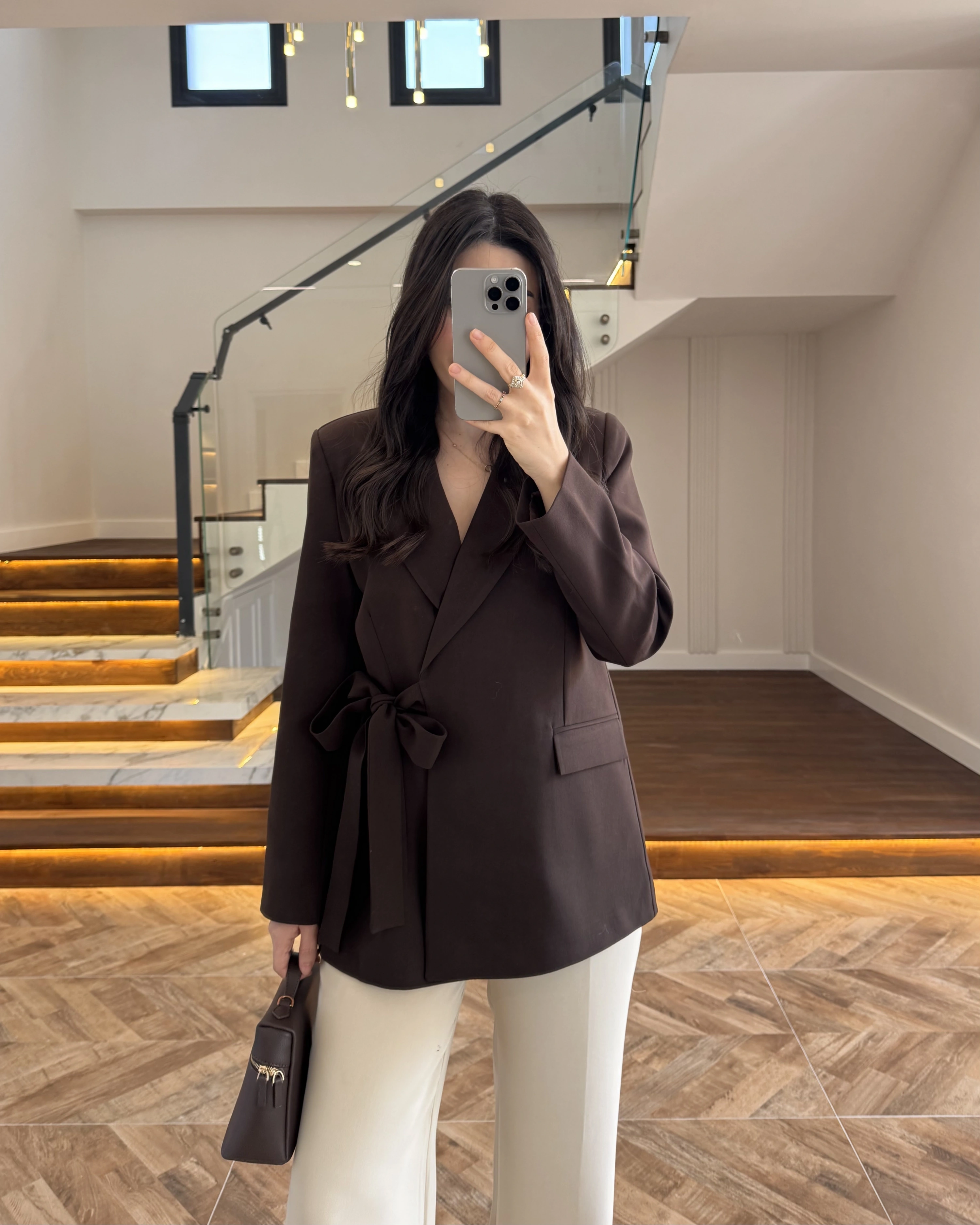 KAHVE BAĞLAMA DETAYLI BLAZER CEKET -7657