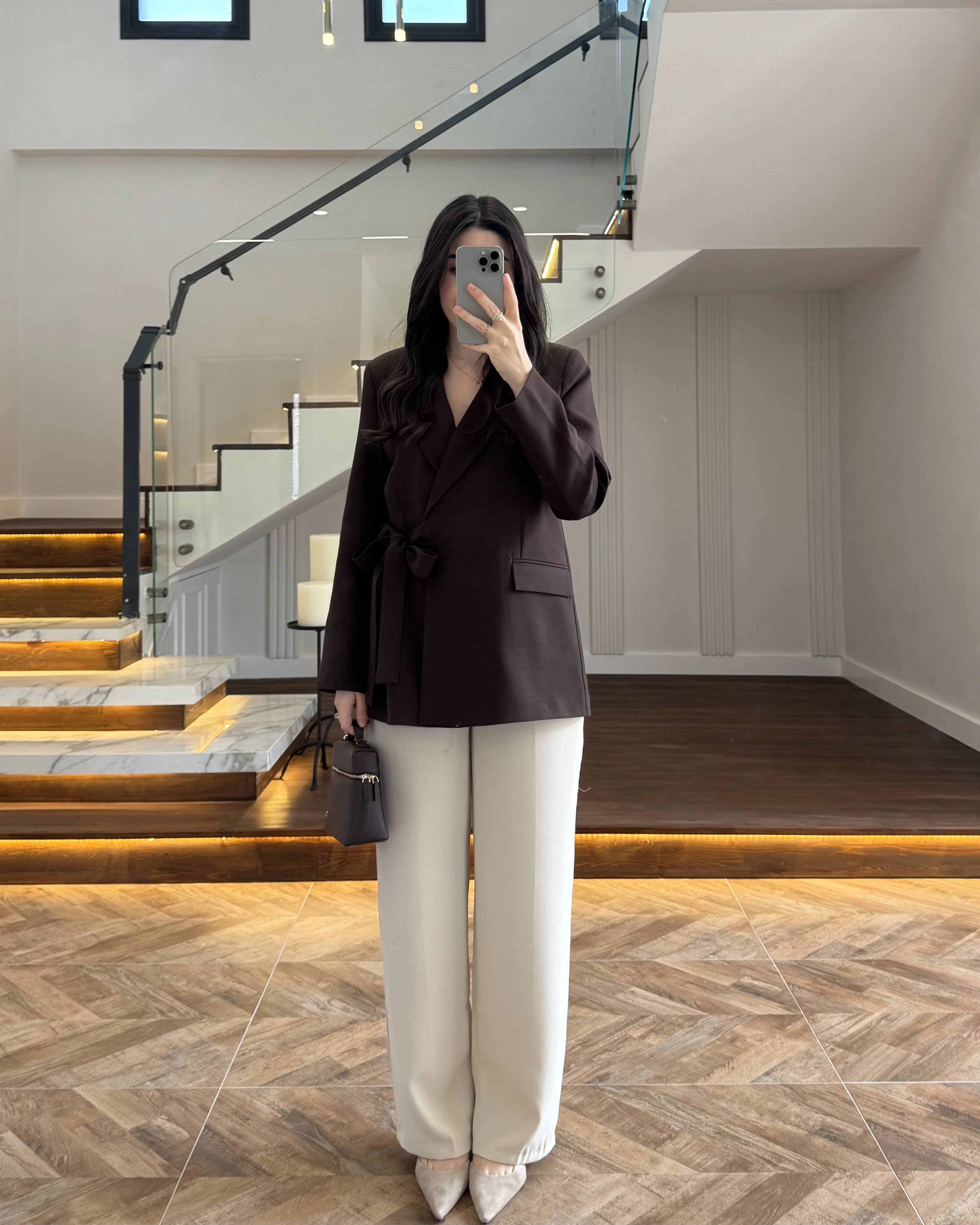 KAHVE BAĞLAMA DETAYLI BLAZER CEKET -7657