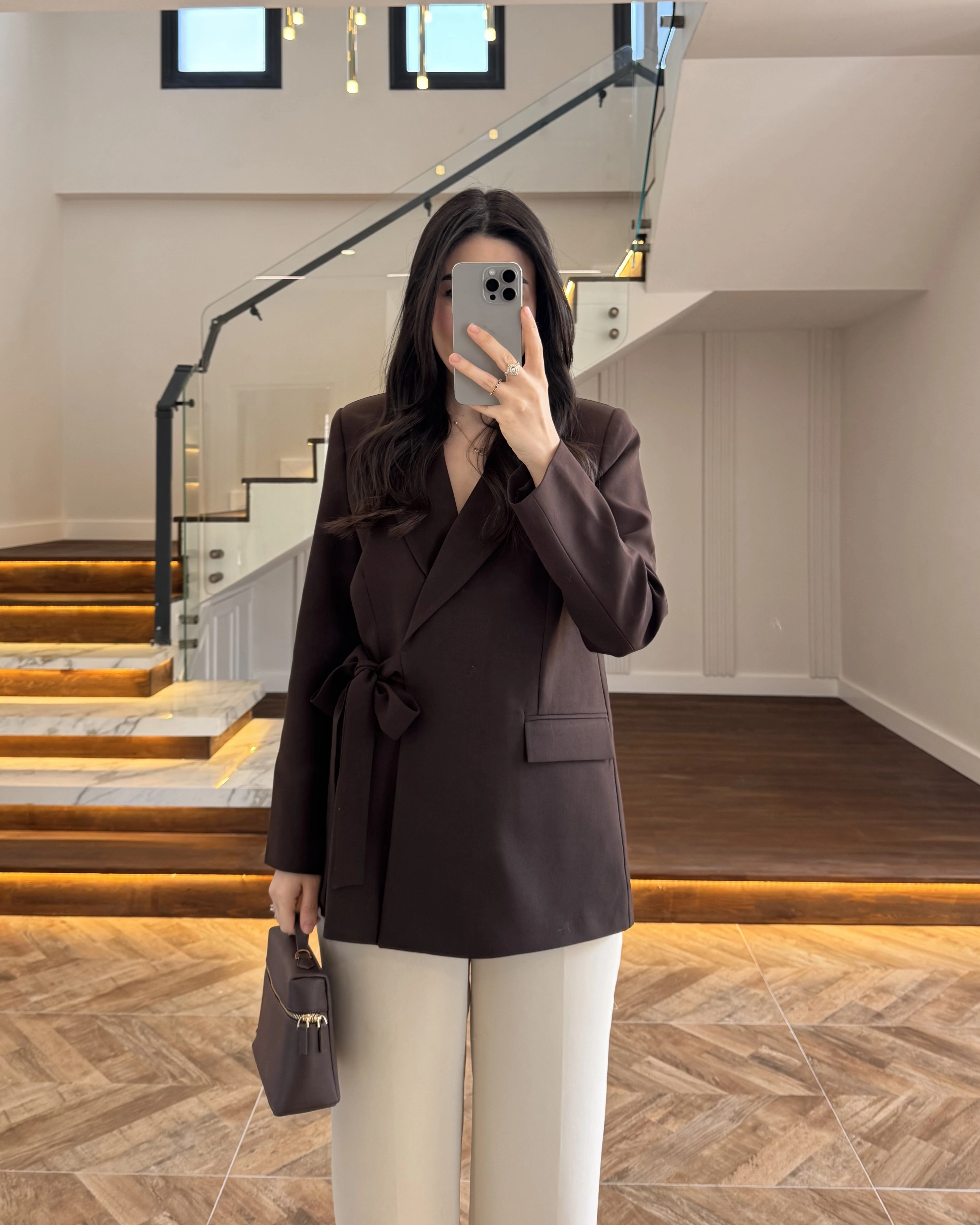 KAHVE BAĞLAMA DETAYLI BLAZER CEKET -7657