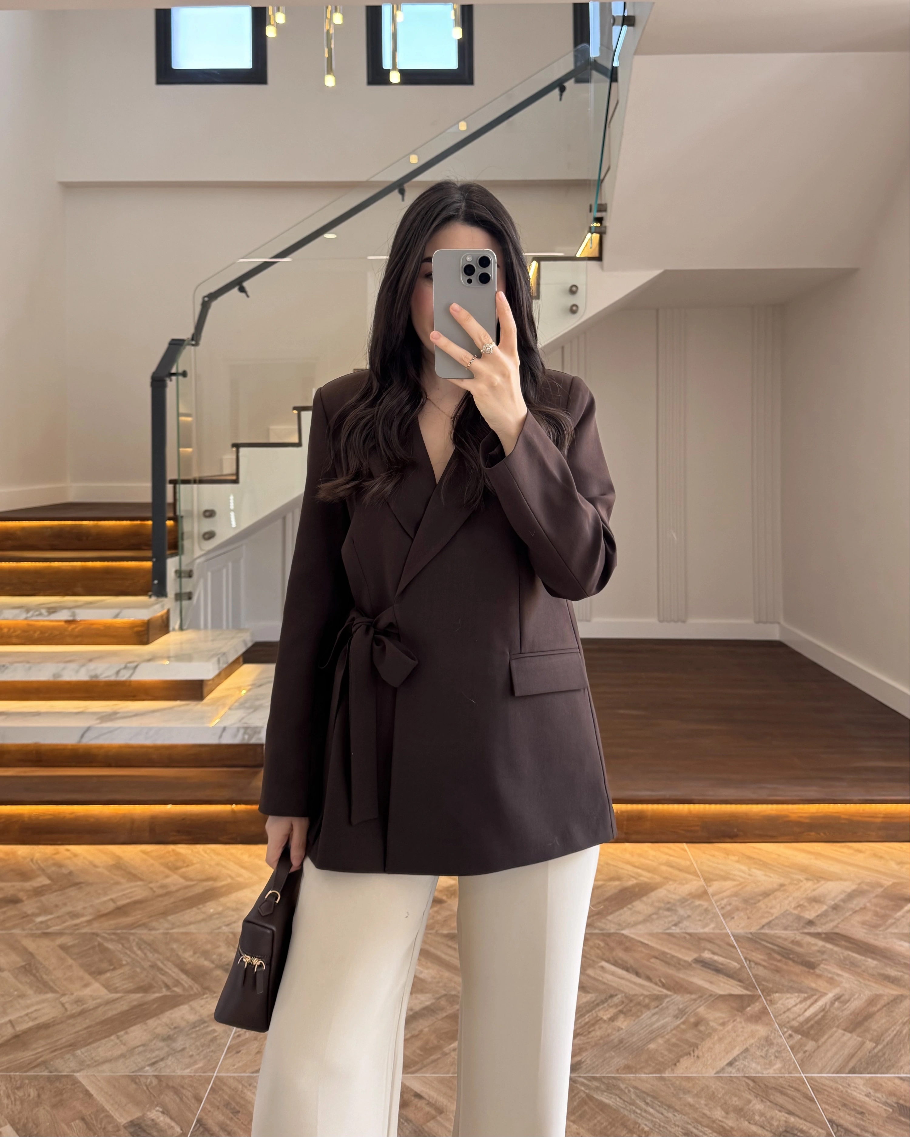 KAHVE BAĞLAMA DETAYLI BLAZER CEKET -7657