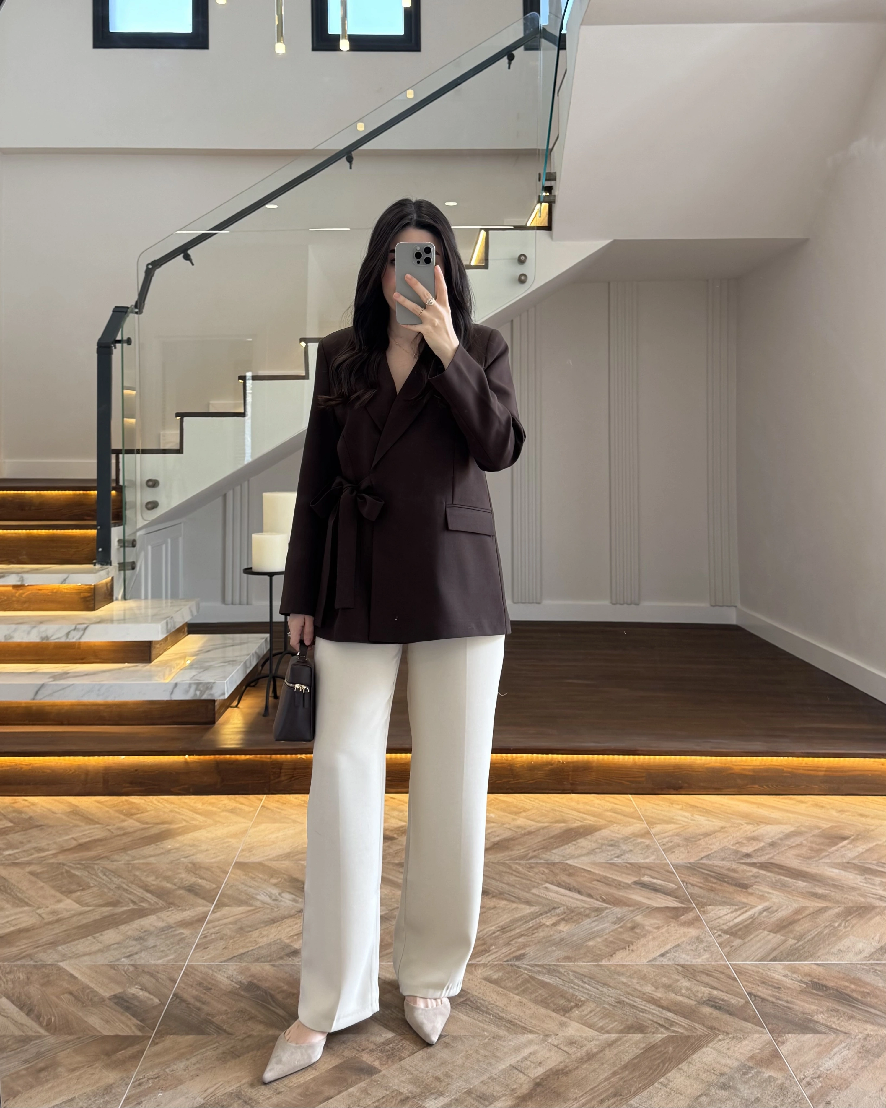 KAHVE BAĞLAMA DETAYLI BLAZER CEKET -7657