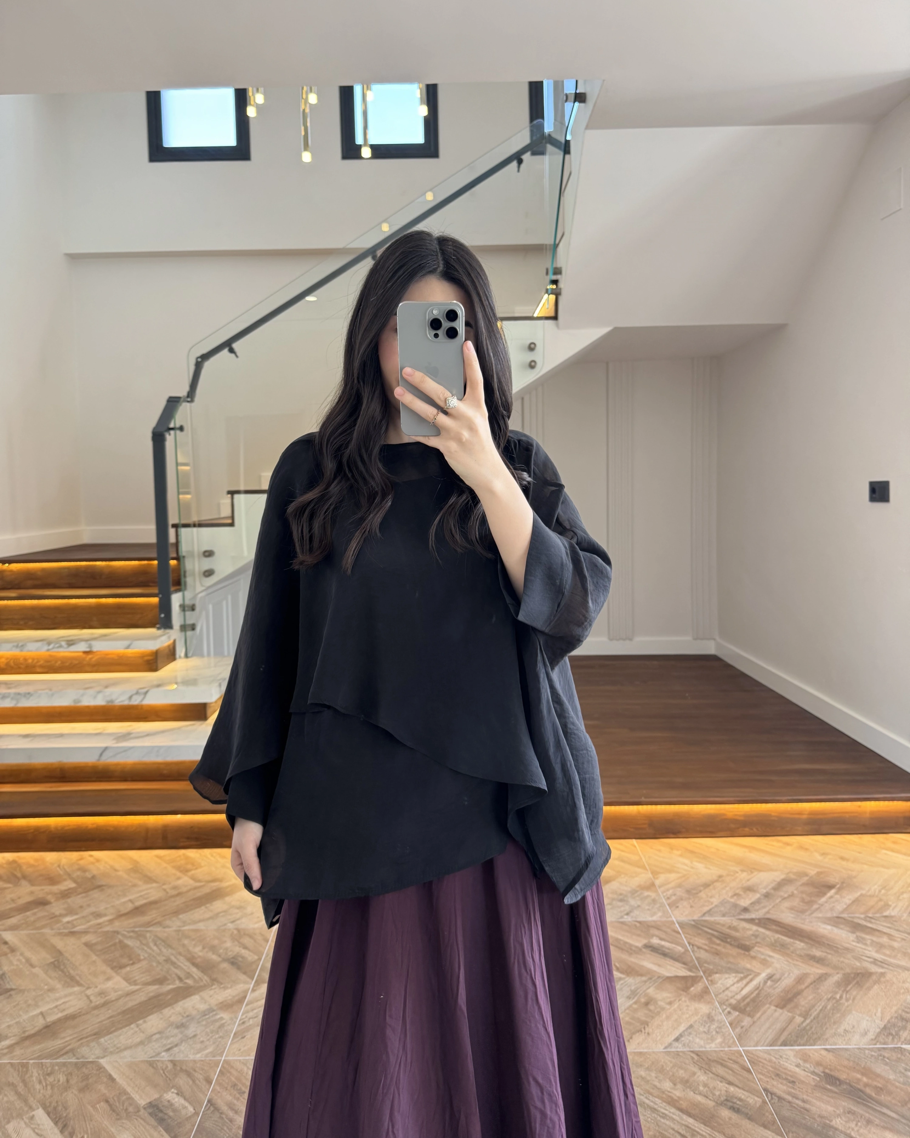 KARGOLAMA 15 ŞUBAT SİYAH UÇUŞAN PELERİN BLUZ -5026