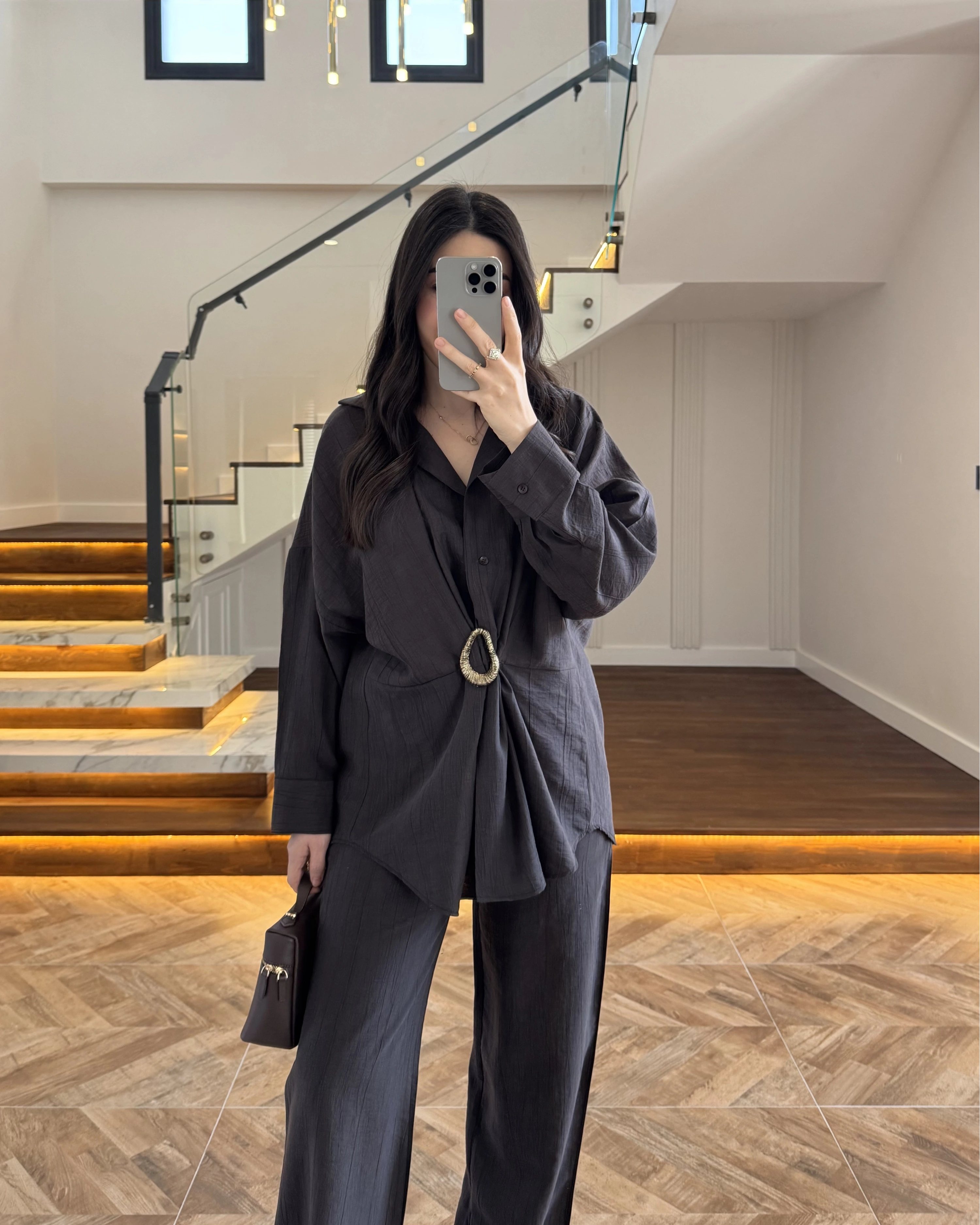 KAHVE TOKALI GÖMLEK PANTOLON TAKIM - 51234