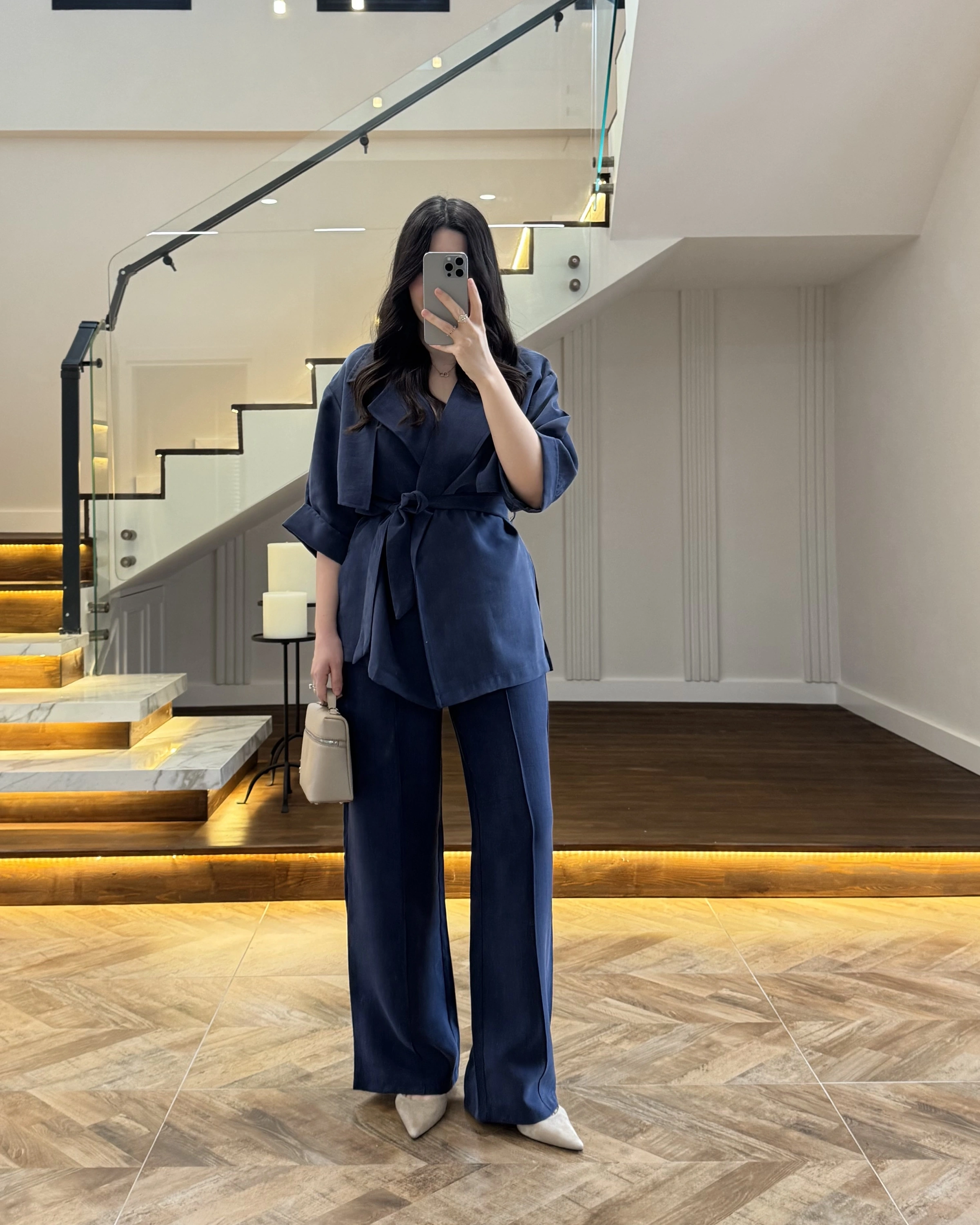 LACİVERT TENSEL YARIM KOL GÖMLEK PANTOLON TAKIM -267309