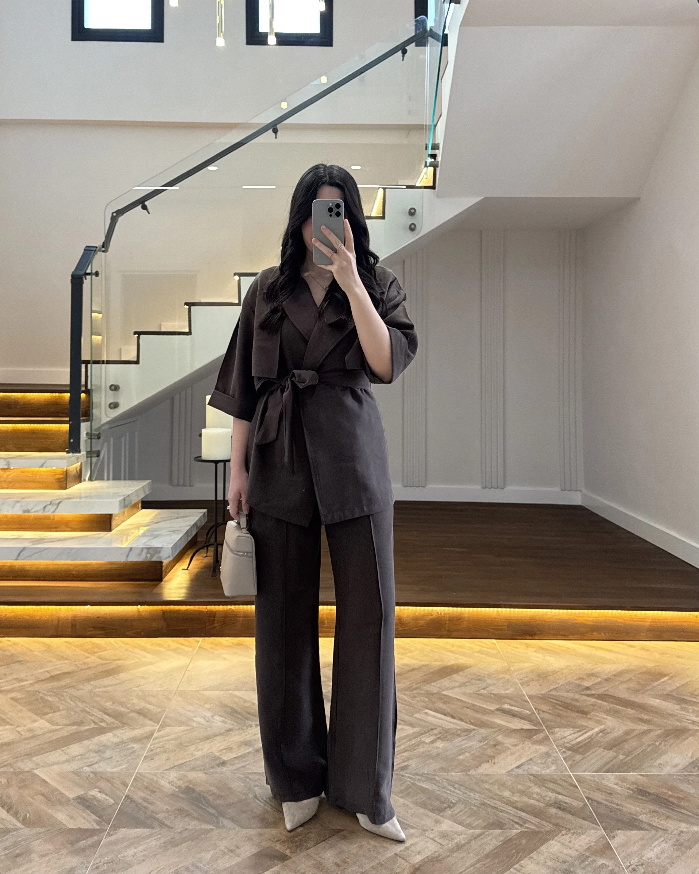 KAHVE TENSEL YARIM KOL GÖMLEK PANTOLON TAKIM -267309