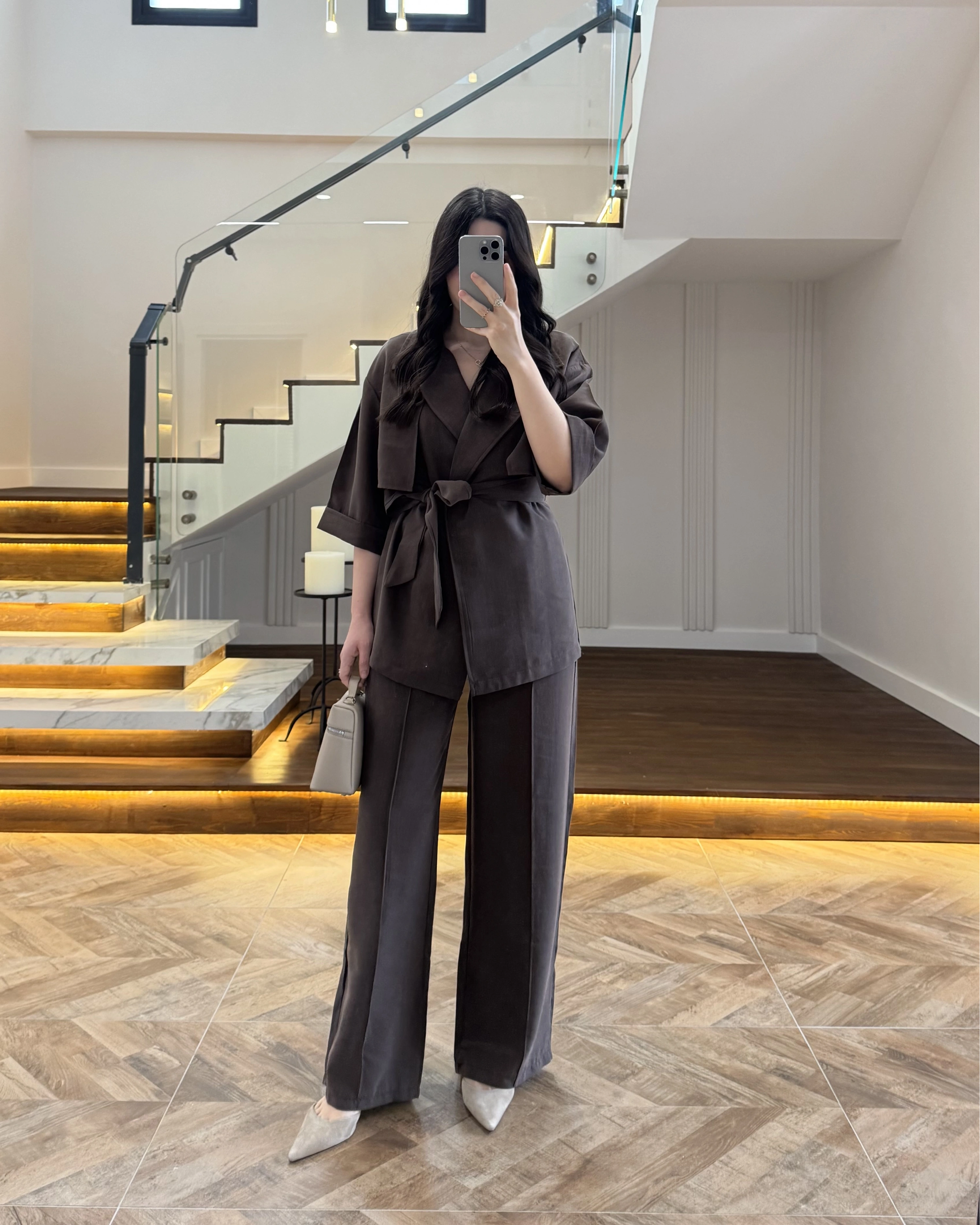 KAHVE TENSEL YARIM KOL GÖMLEK PANTOLON TAKIM -267309