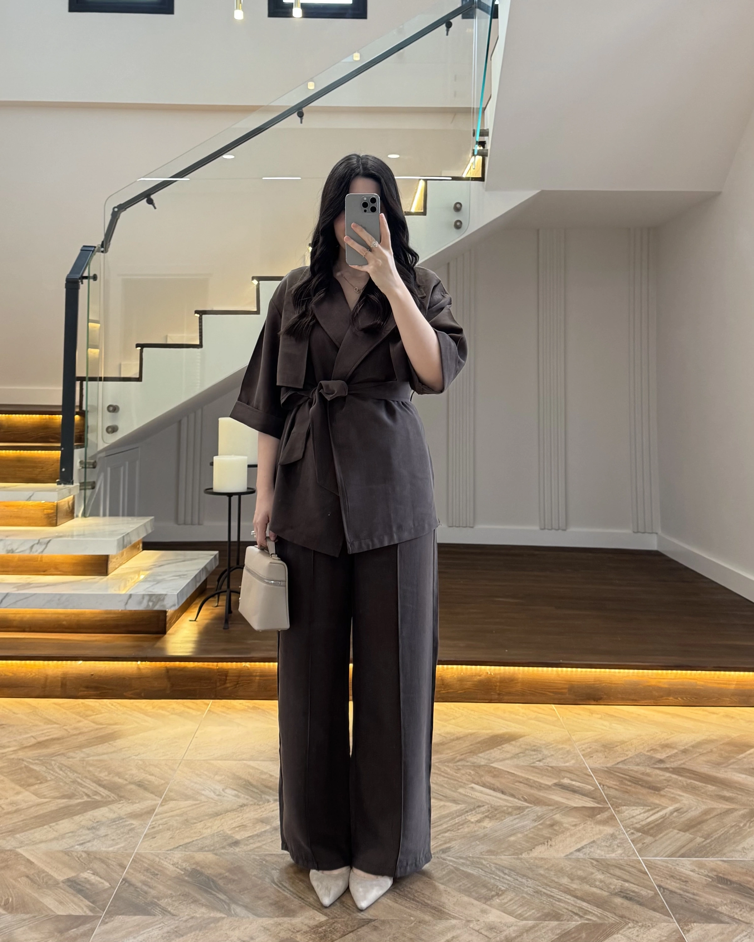 KAHVE TENSEL YARIM KOL GÖMLEK PANTOLON TAKIM -267309