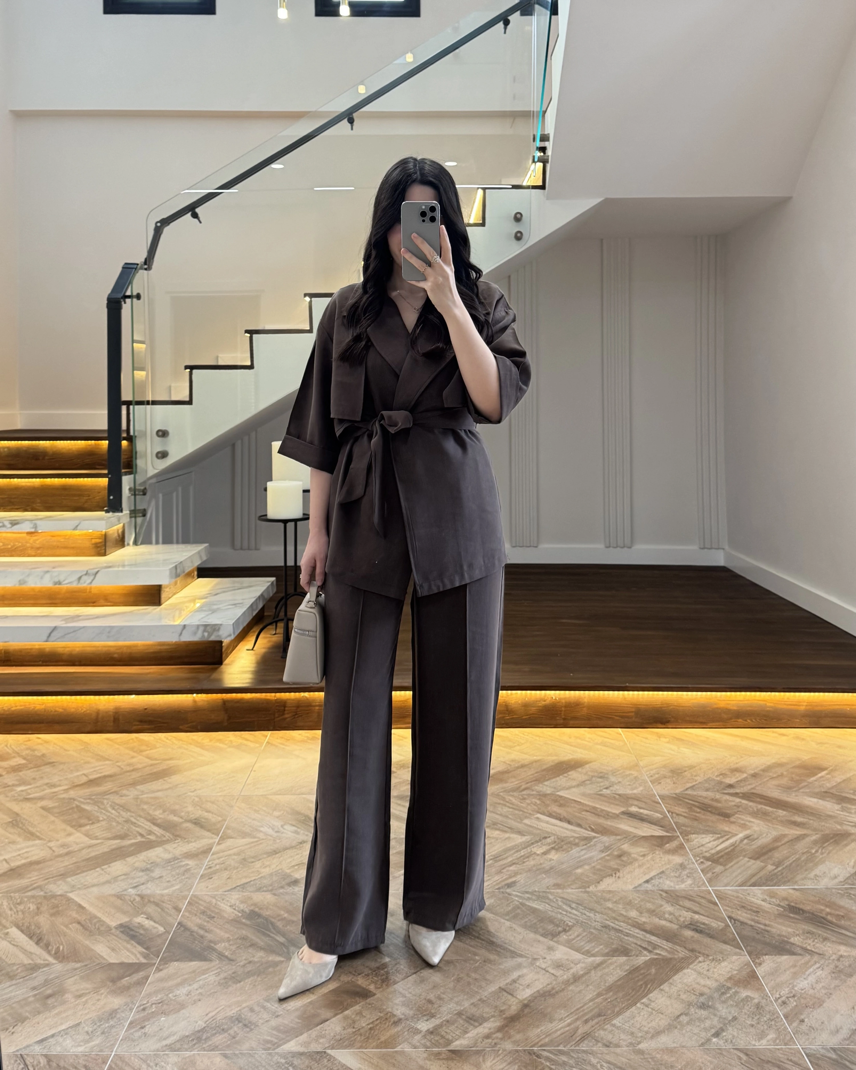 KAHVE TENSEL YARIM KOL GÖMLEK PANTOLON TAKIM -267309