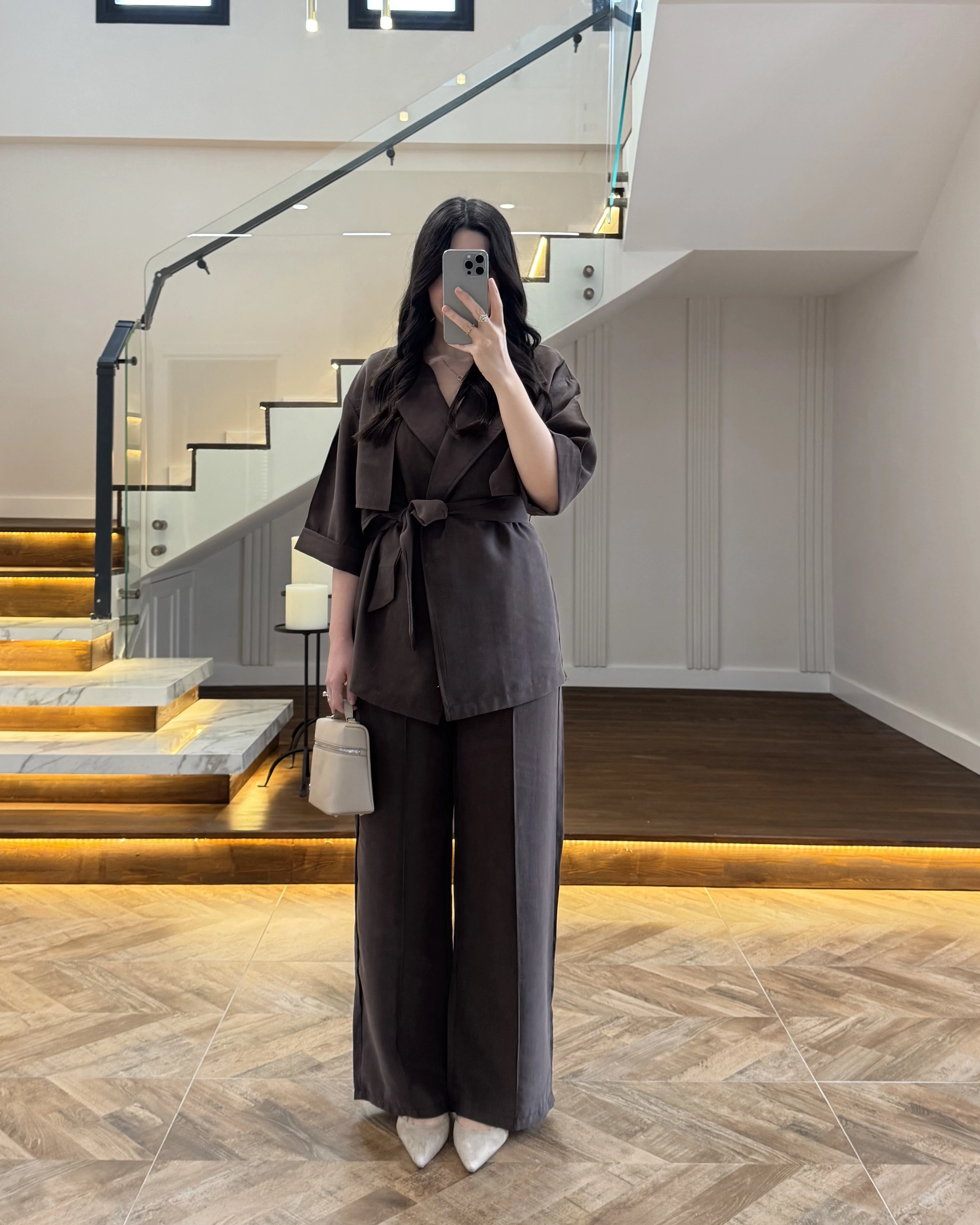 KAHVE TENSEL YARIM KOL GÖMLEK PANTOLON TAKIM -267309