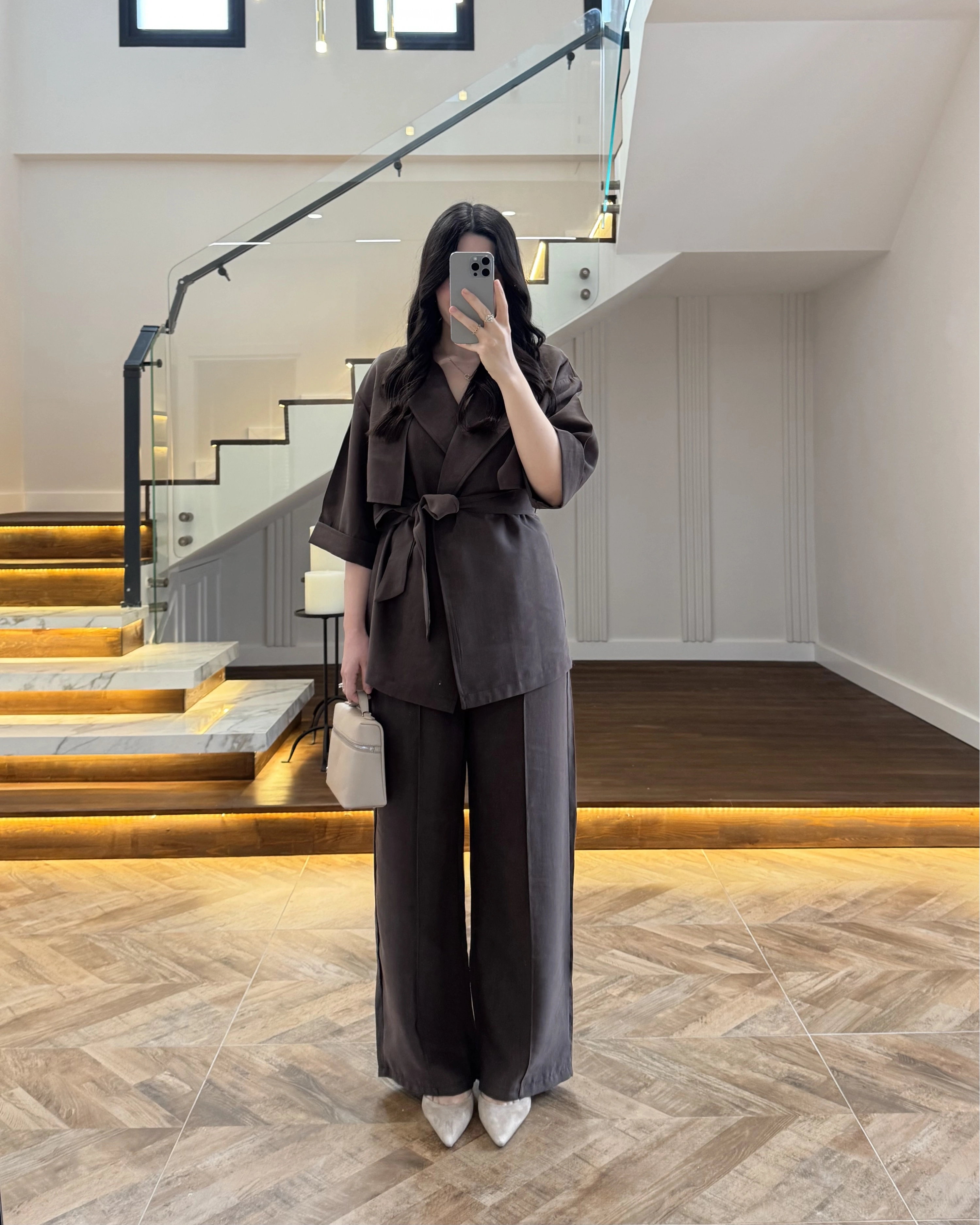 KAHVE TENSEL YARIM KOL GÖMLEK PANTOLON TAKIM -267309