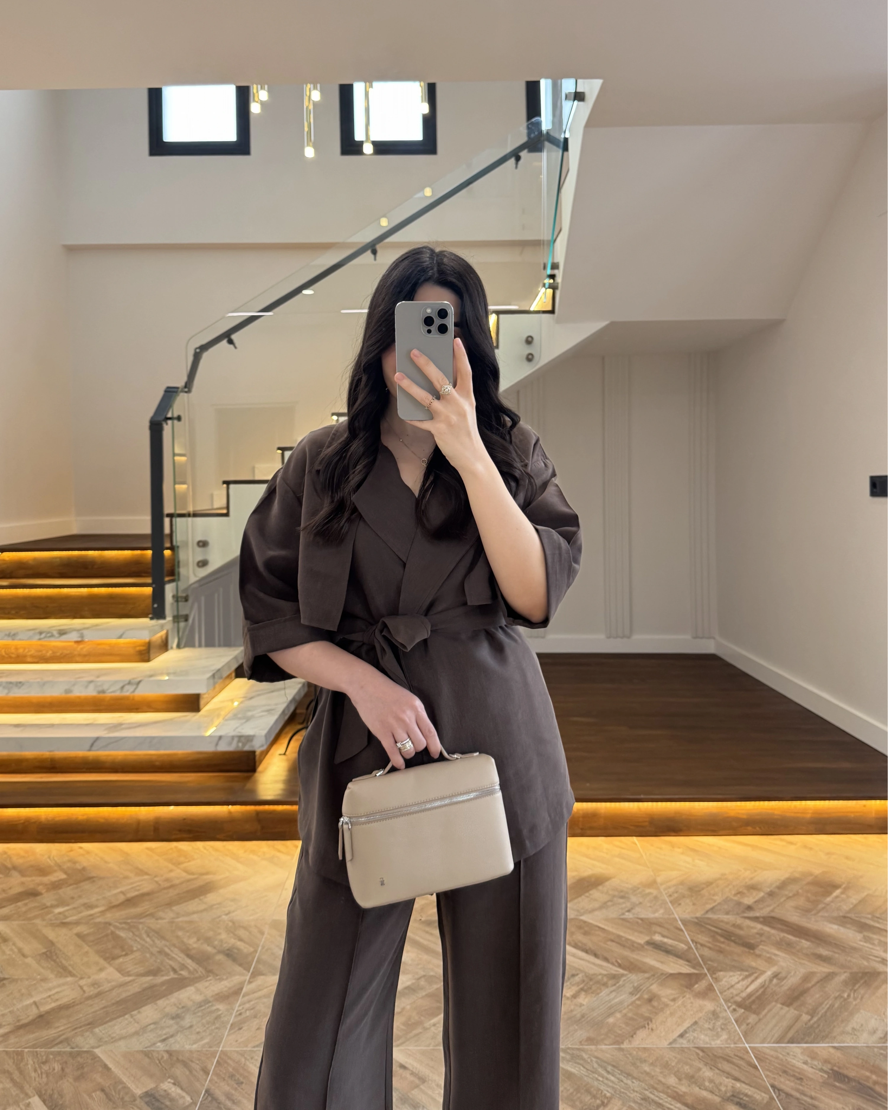 KAHVE TENSEL YARIM KOL GÖMLEK PANTOLON TAKIM -267309