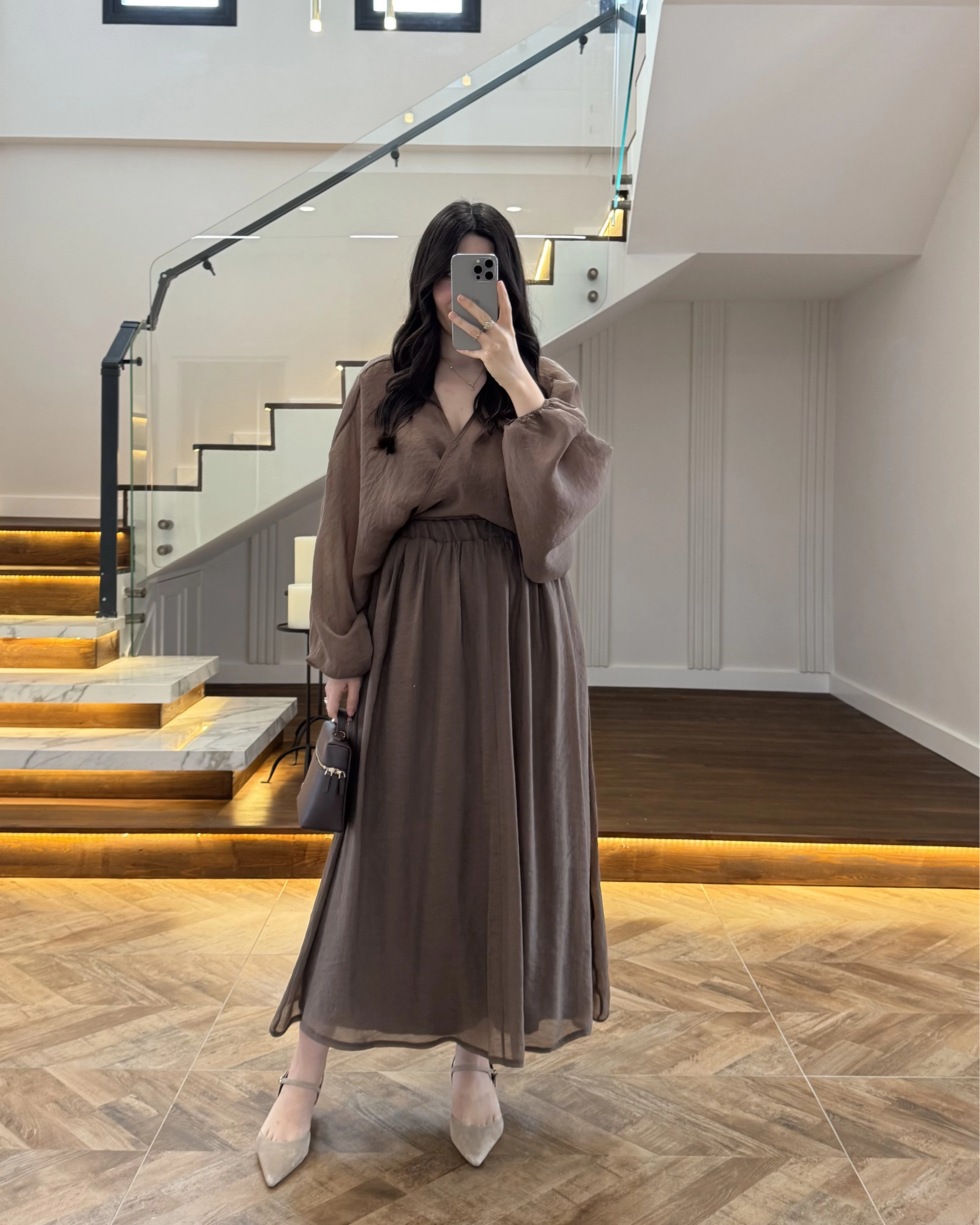 KAHVE TRANSPARAN KİMONO ETEK TAKIM