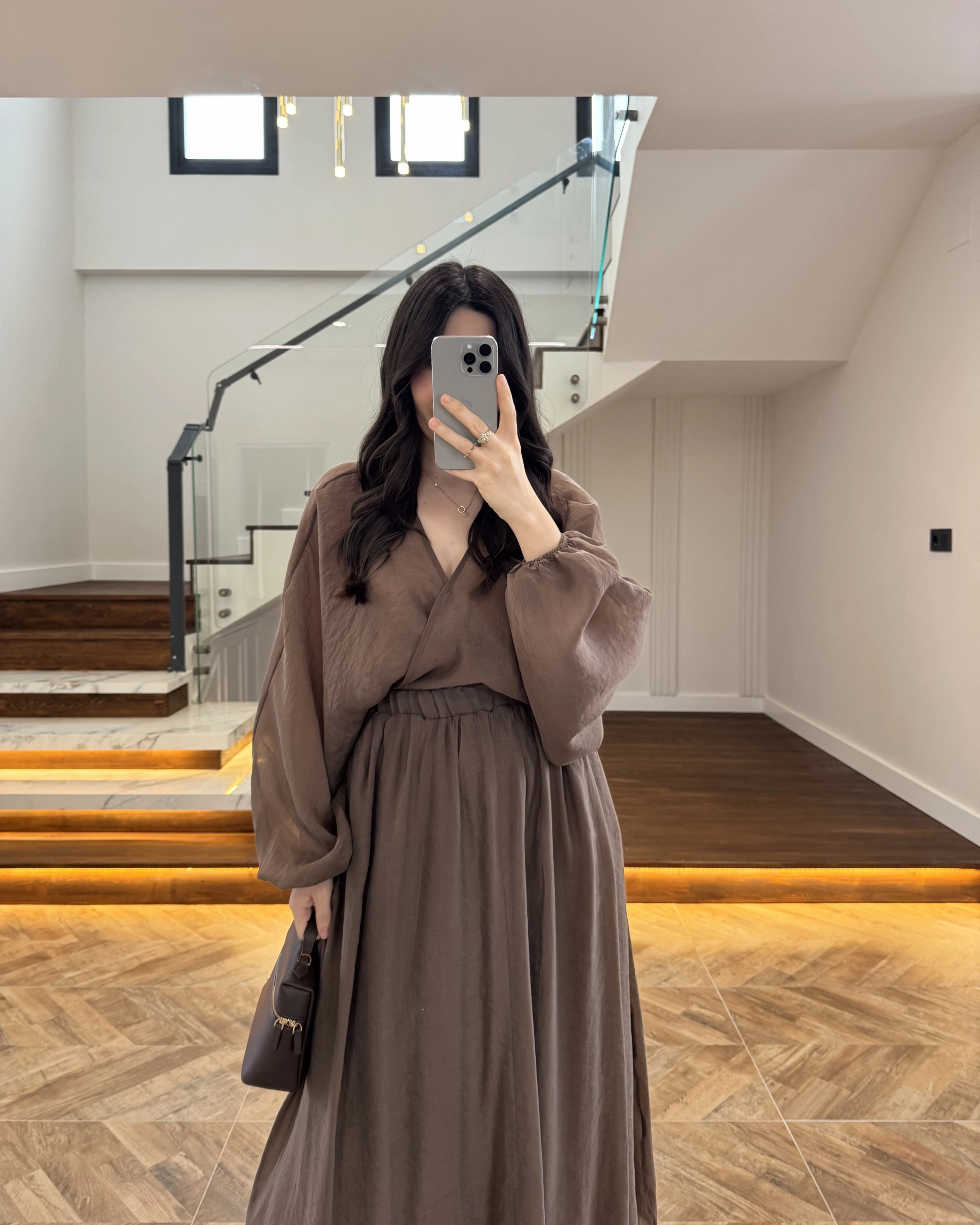 KAHVE TRANSPARAN KİMONO ETEK TAKIM