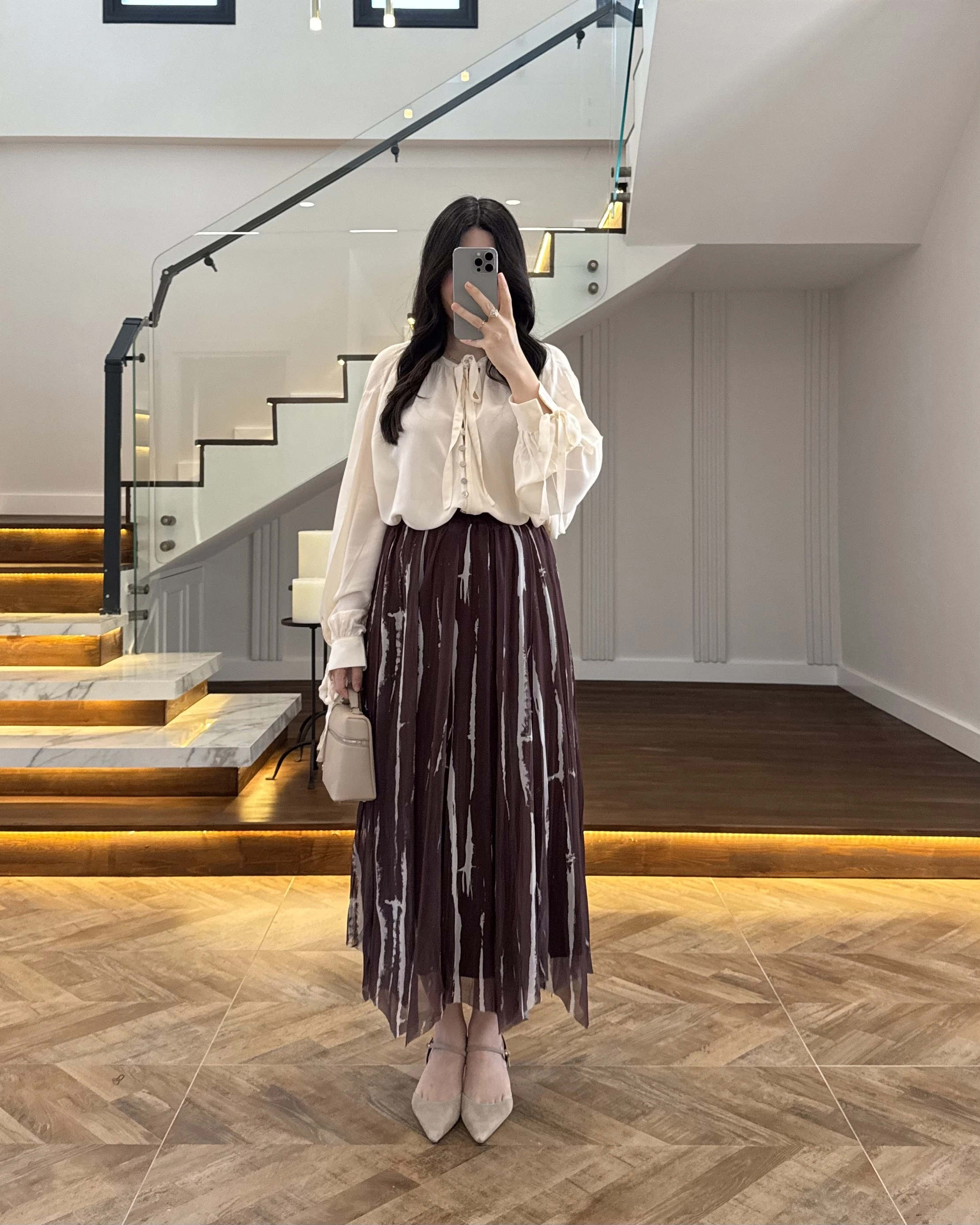 KAHVE PARÇALI ŞİFON ETEK -3369