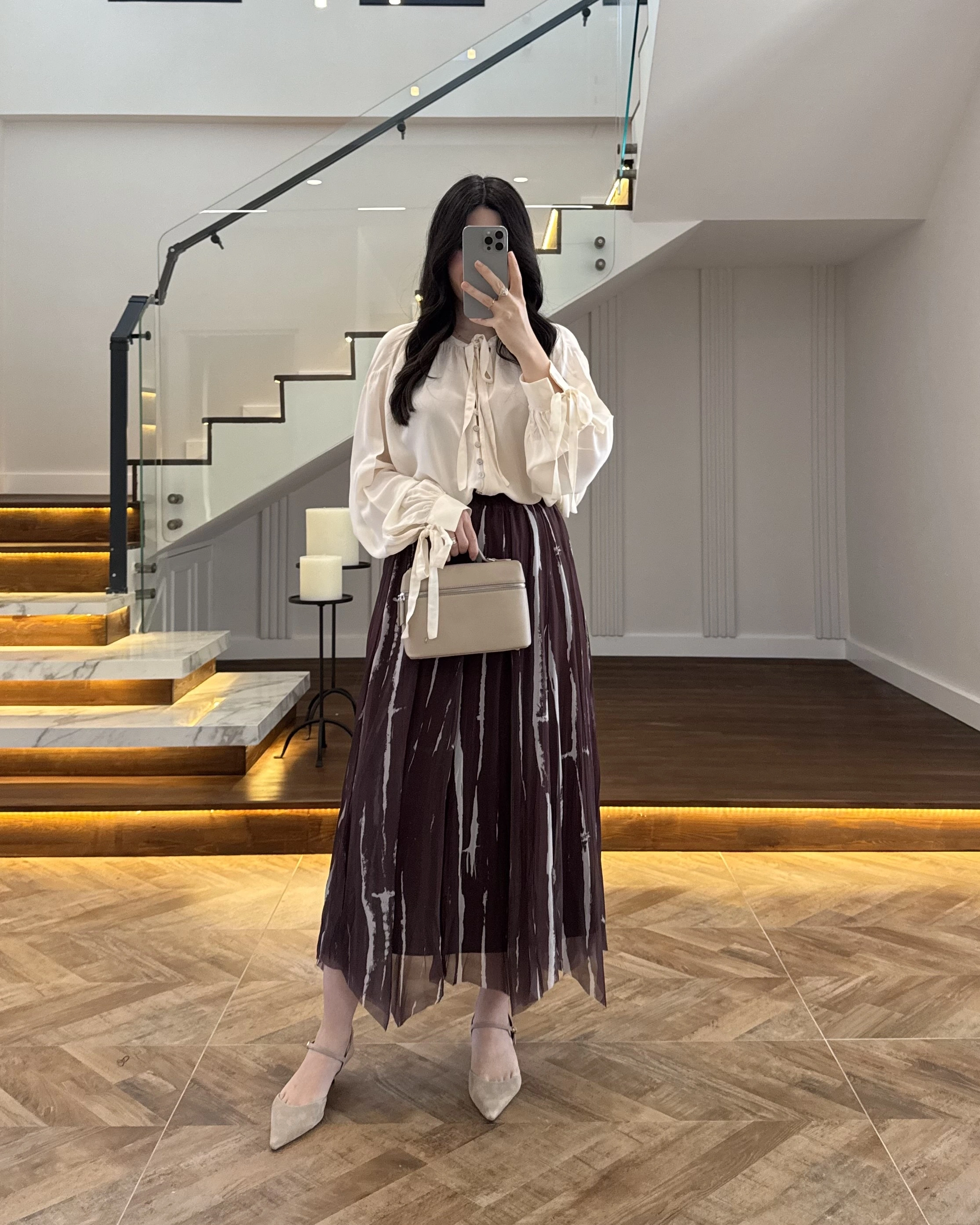 KAHVE PARÇALI ŞİFON ETEK -3369