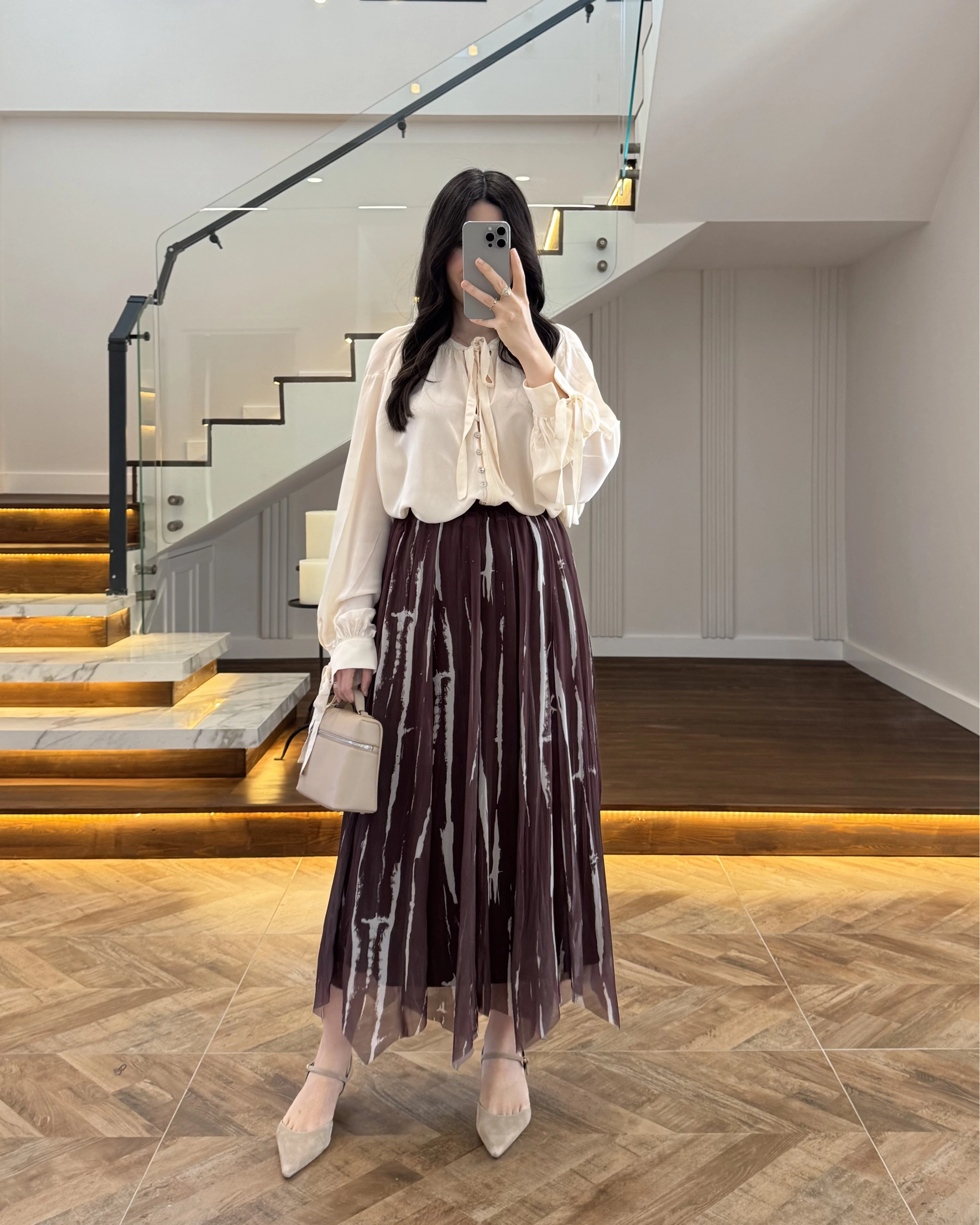 KAHVE PARÇALI ŞİFON ETEK -3369