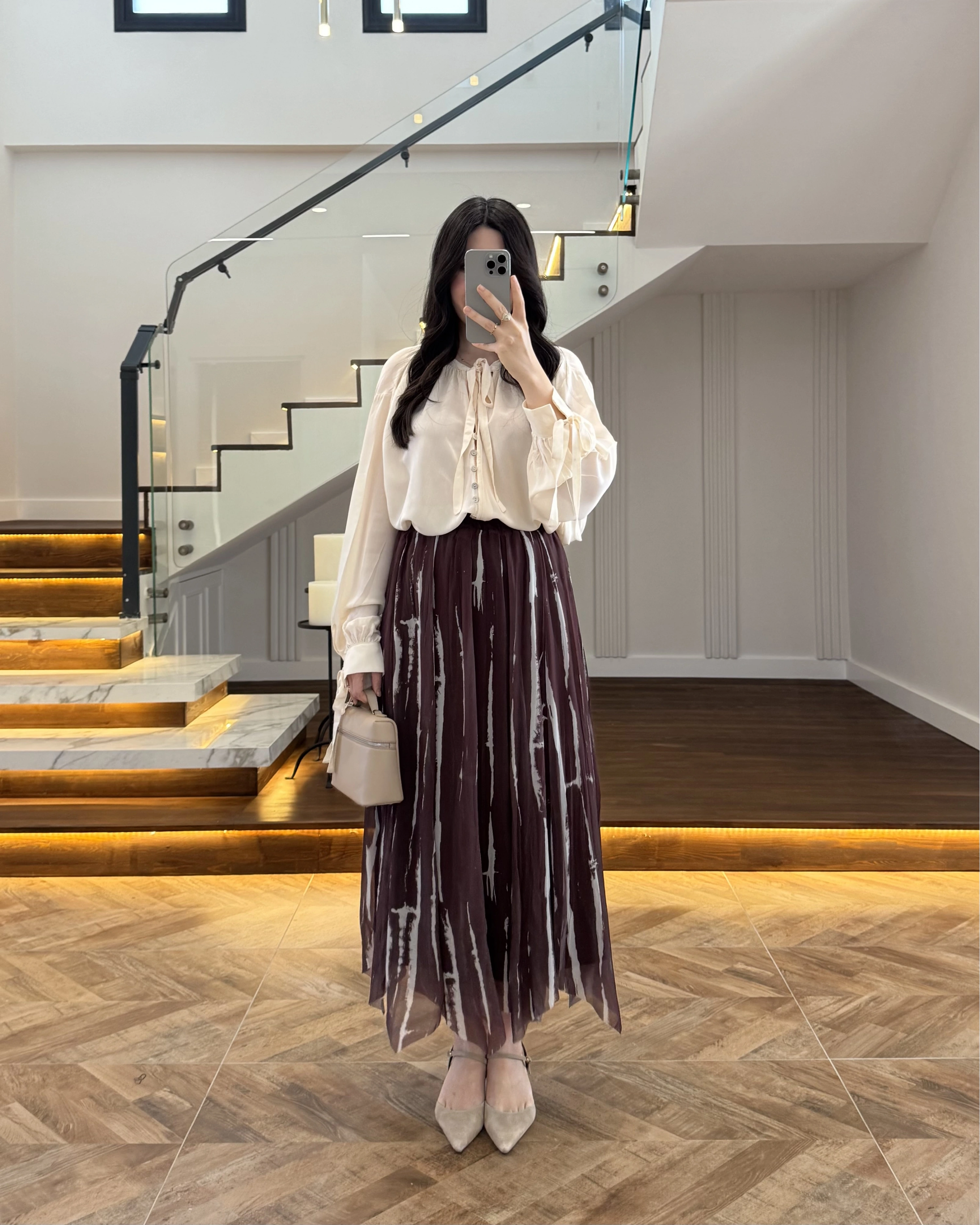 KAHVE PARÇALI ŞİFON ETEK -3369