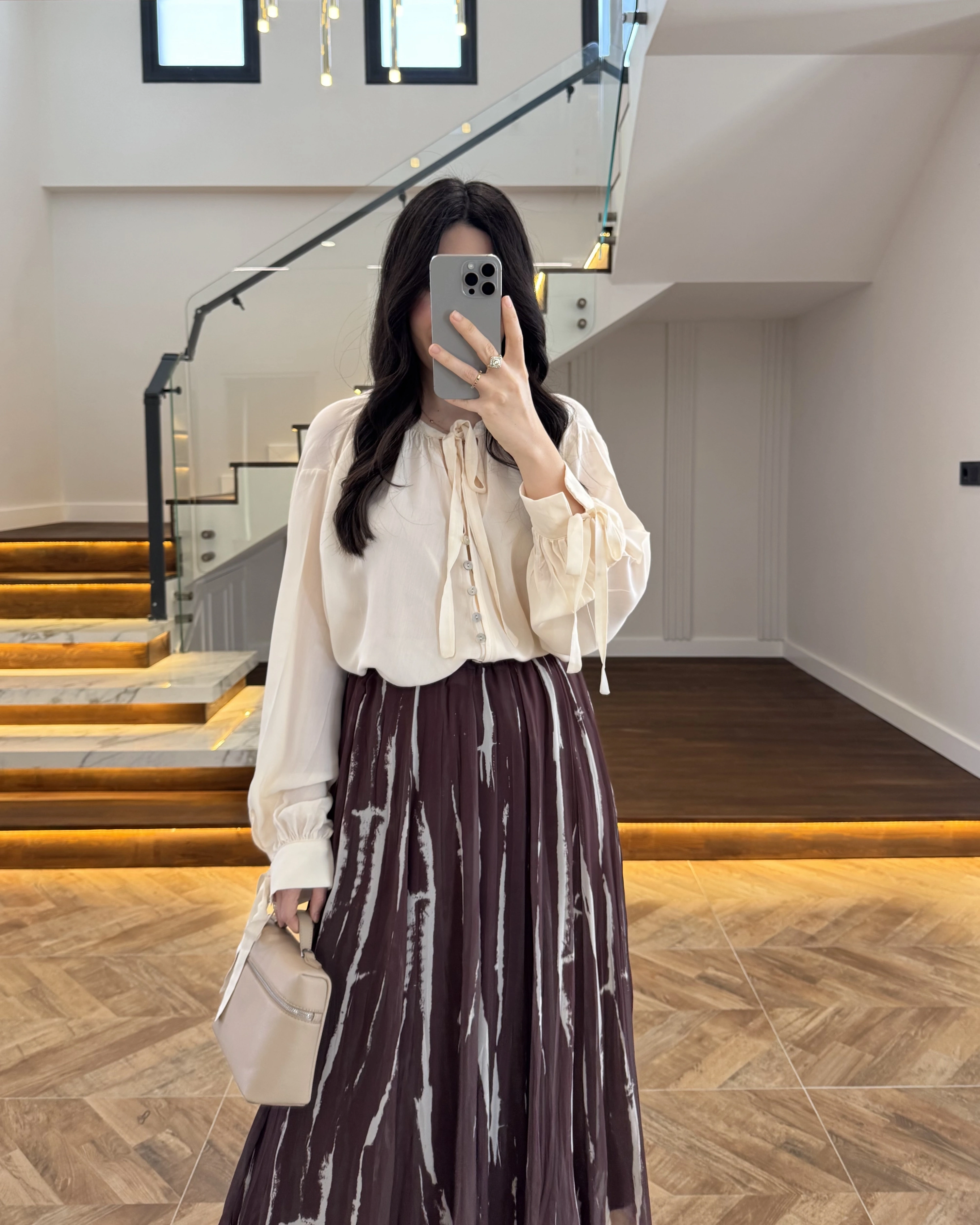 KAHVE PARÇALI ŞİFON ETEK -3369