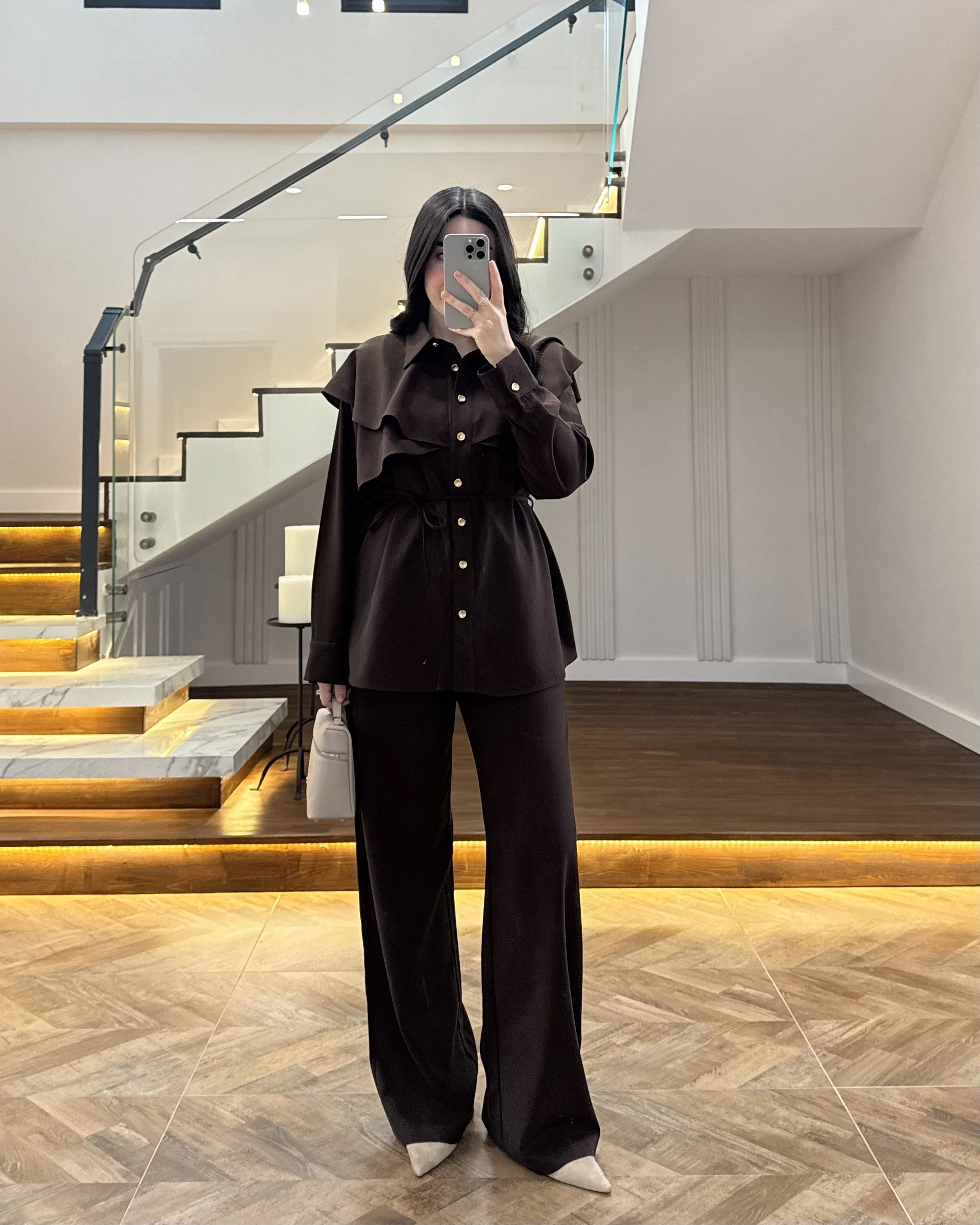 KAHVE PELERİN DETAY TAKIM -8885