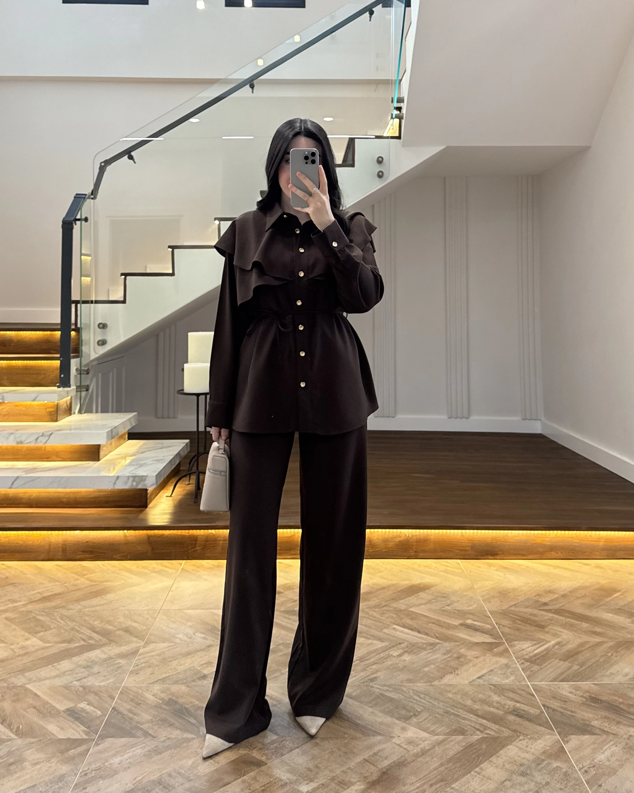 KAHVE PELERİN DETAY TAKIM -8885