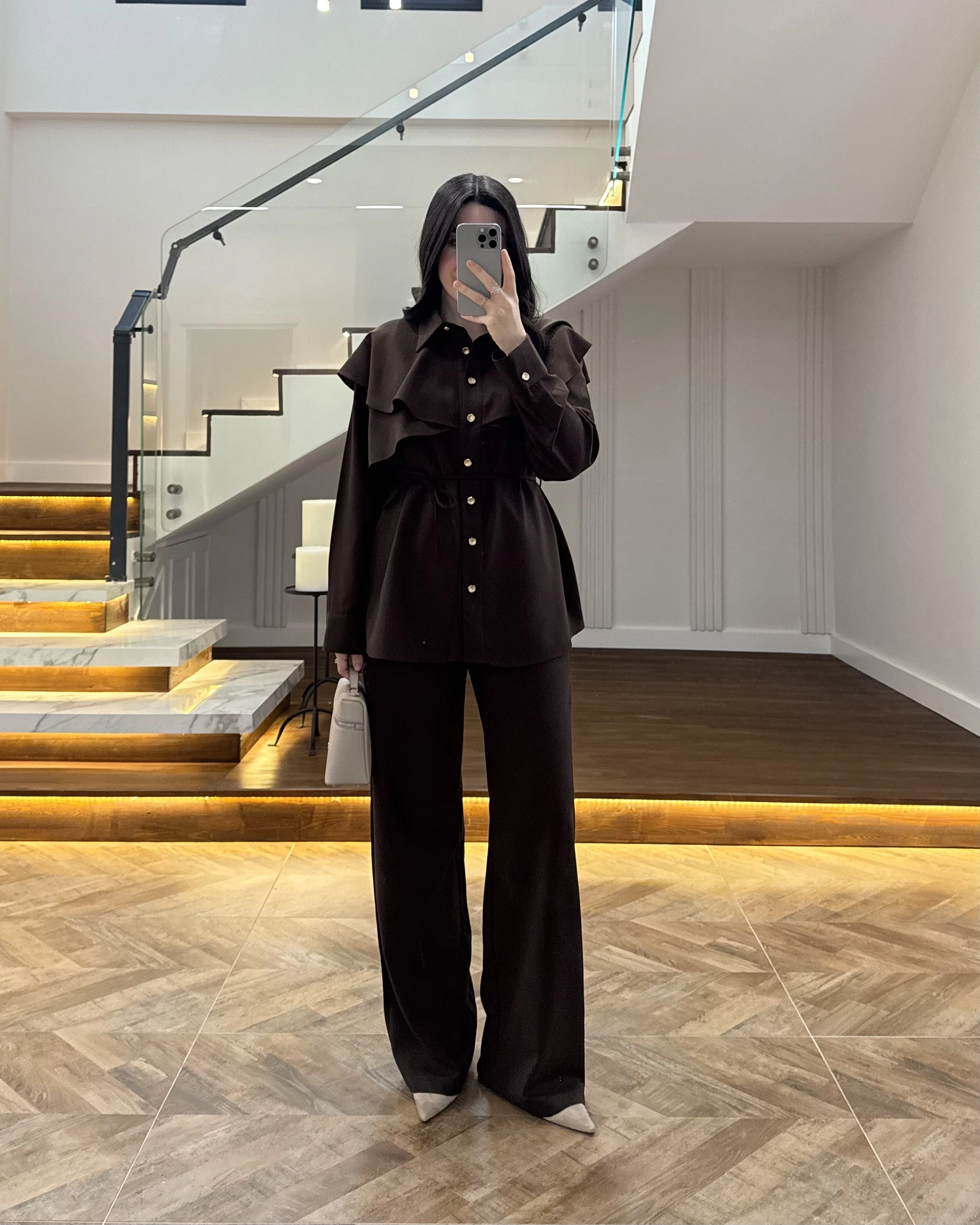 KAHVE PELERİN DETAY TAKIM -8885