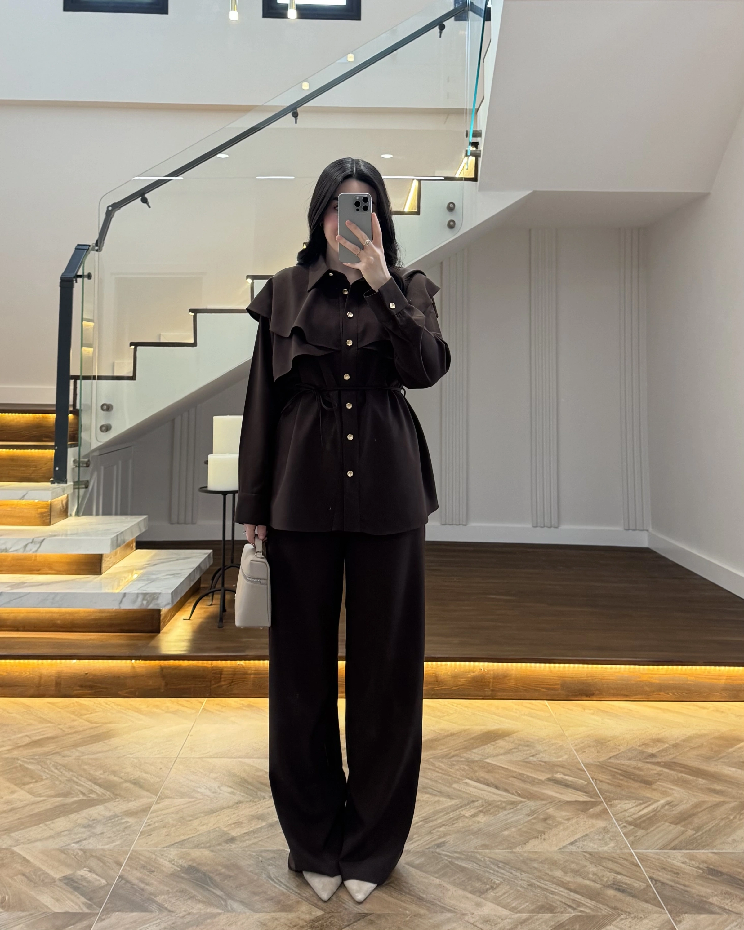 KAHVE PELERİN DETAY TAKIM -8885