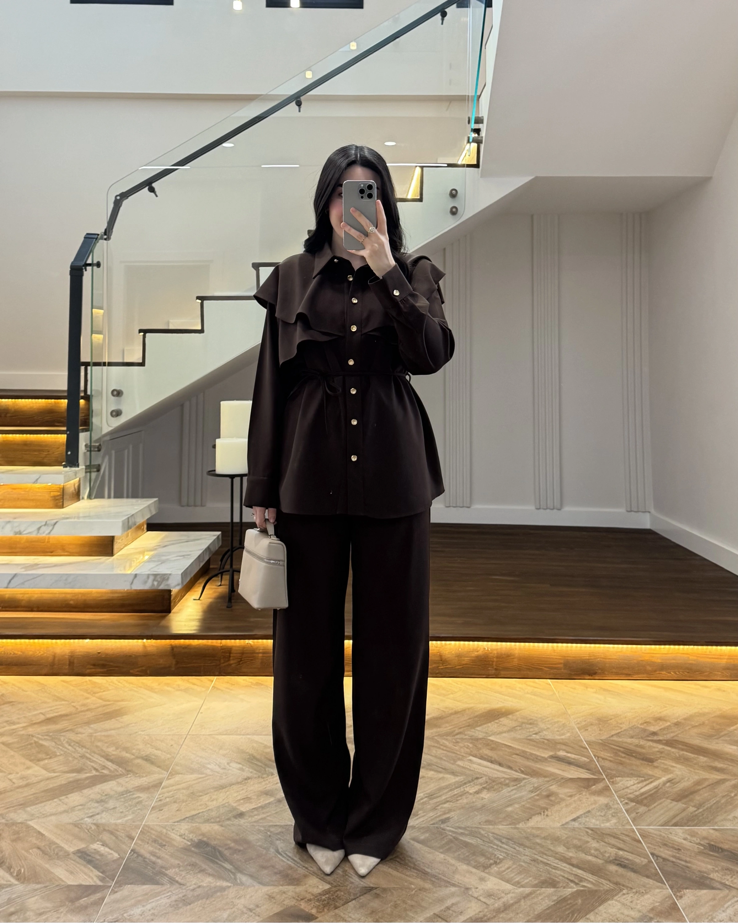 KAHVE PELERİN DETAY TAKIM -8885