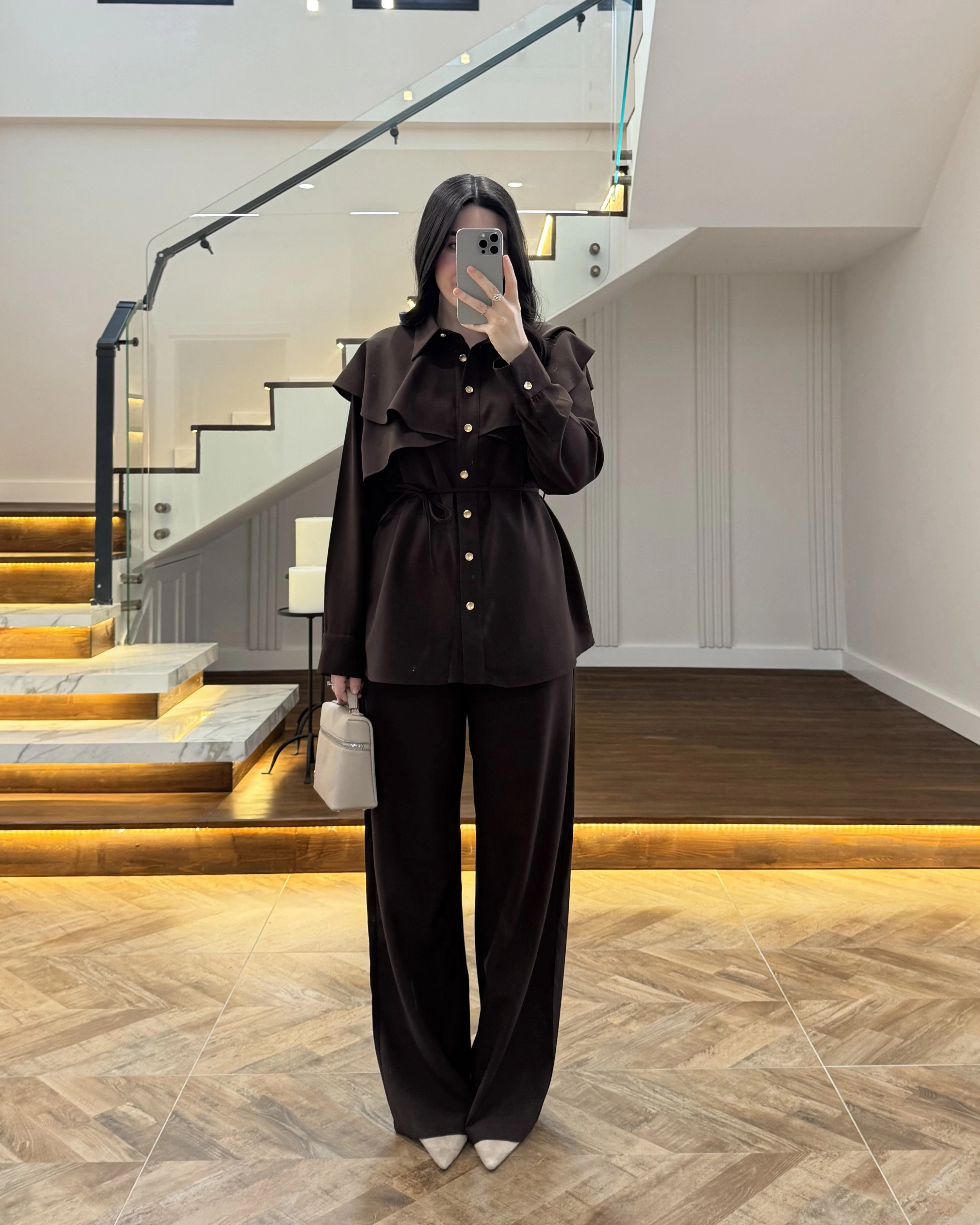 KAHVE PELERİN DETAY TAKIM -8885