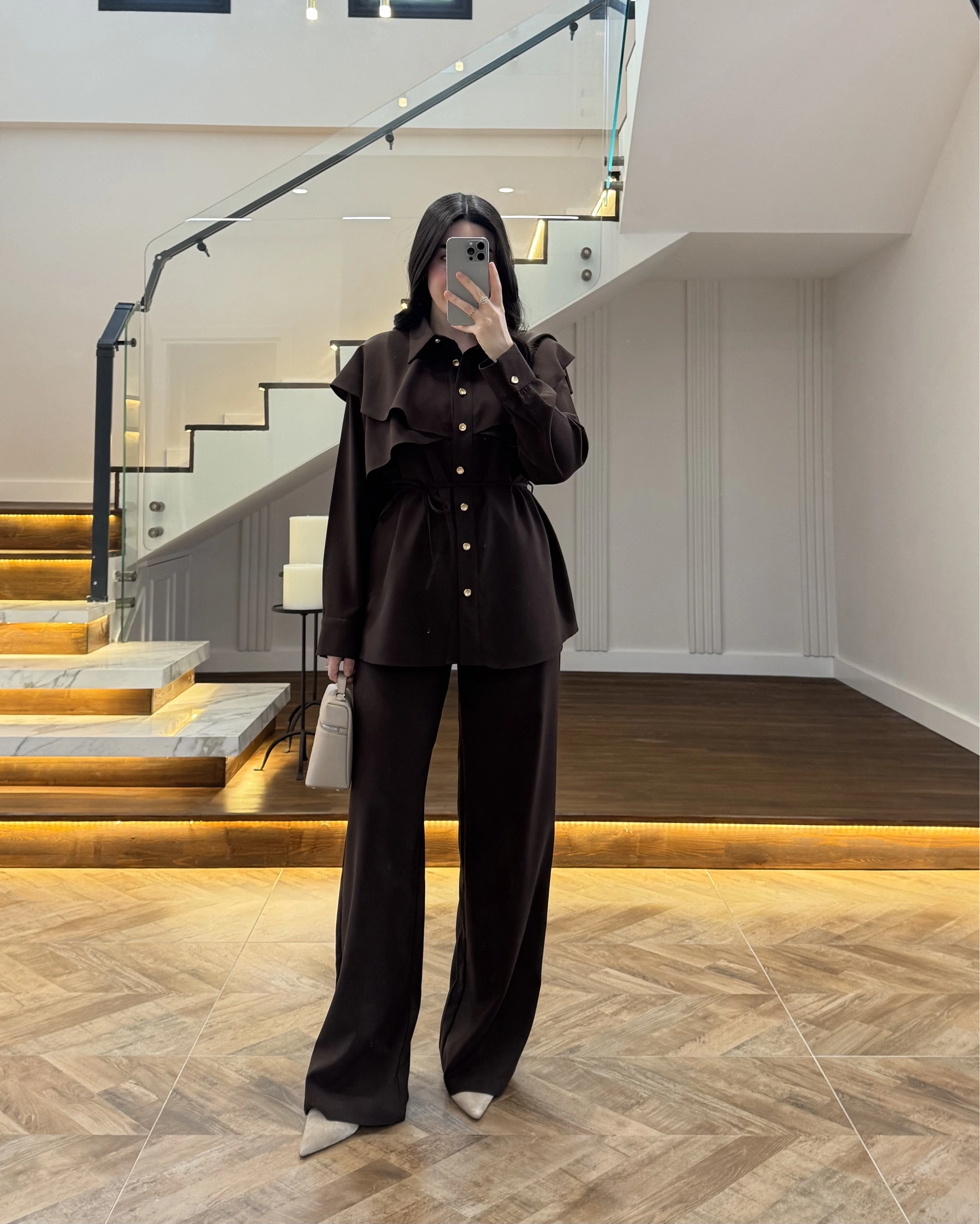 KAHVE PELERİN DETAY TAKIM -8885