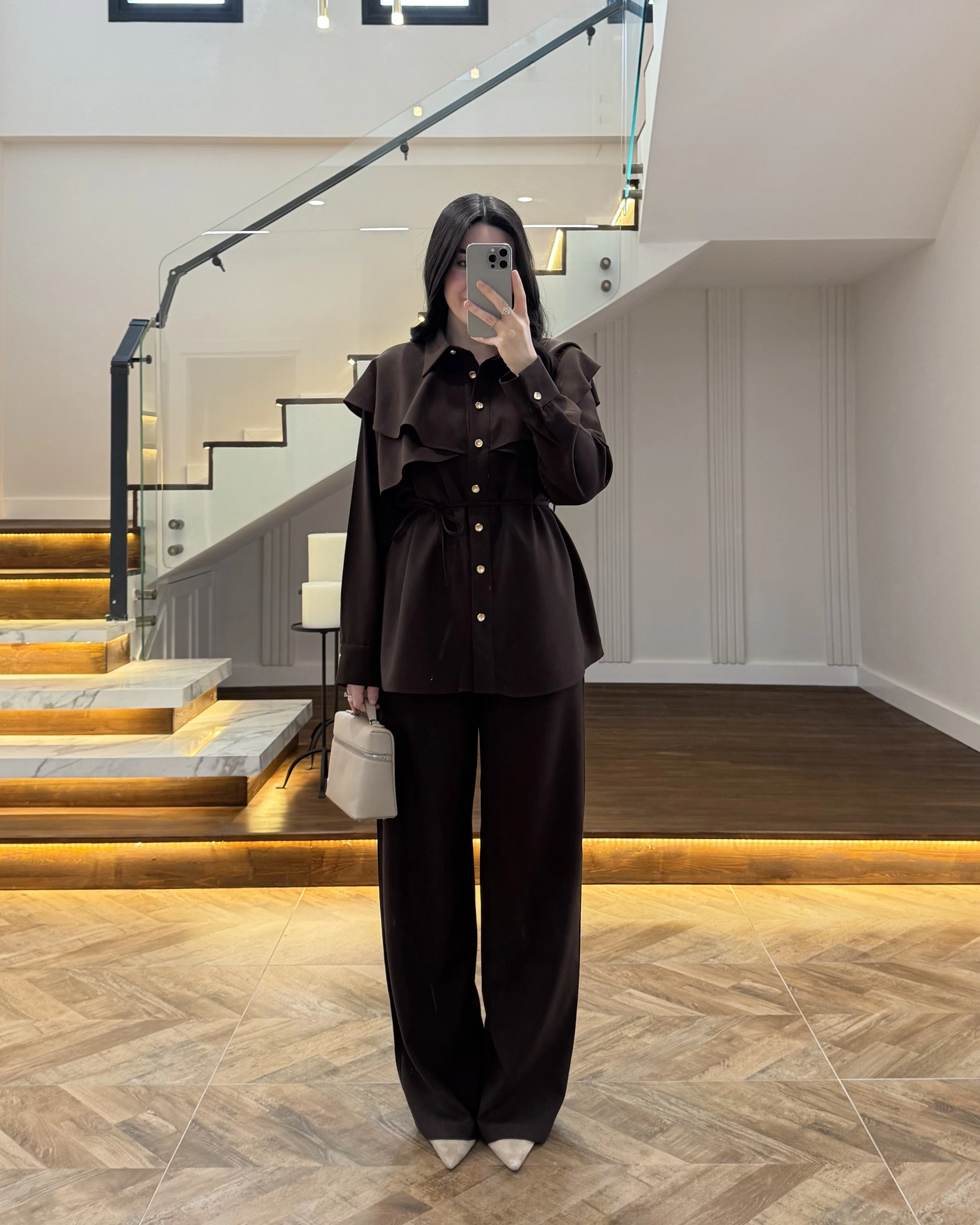 KAHVE PELERİN DETAY TAKIM -8885