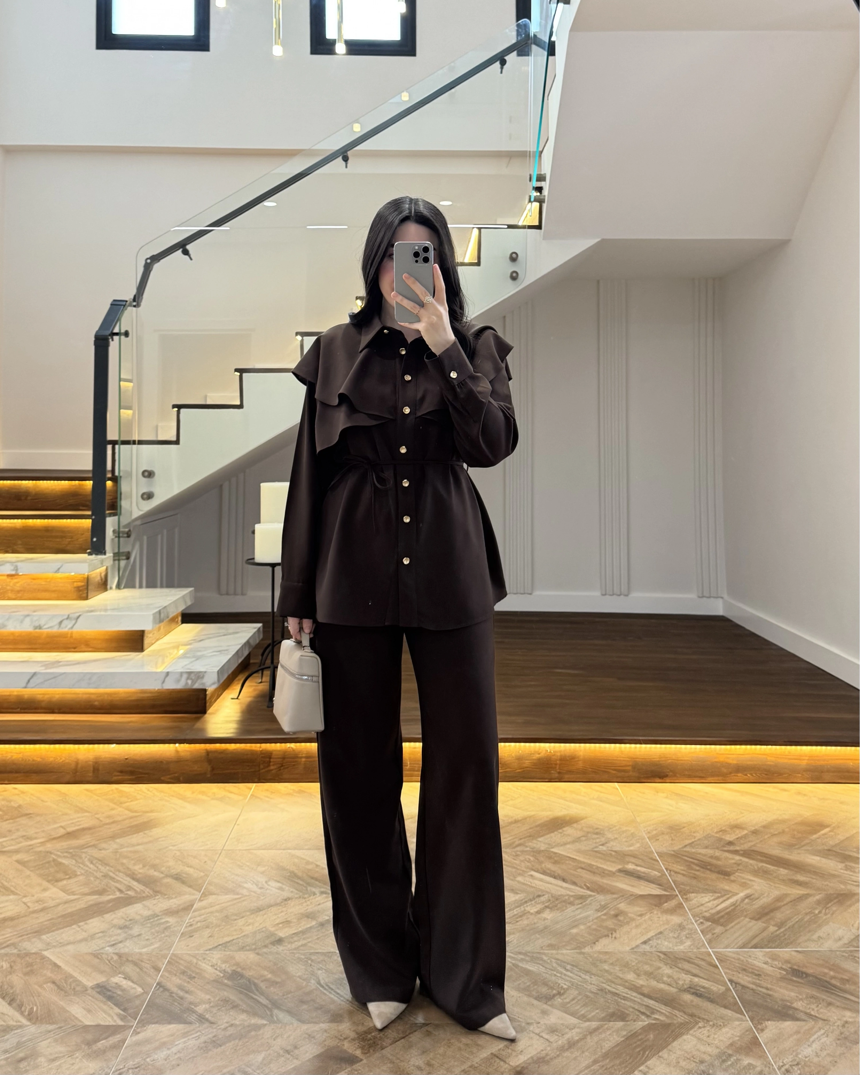 KAHVE PELERİN DETAY TAKIM -8885