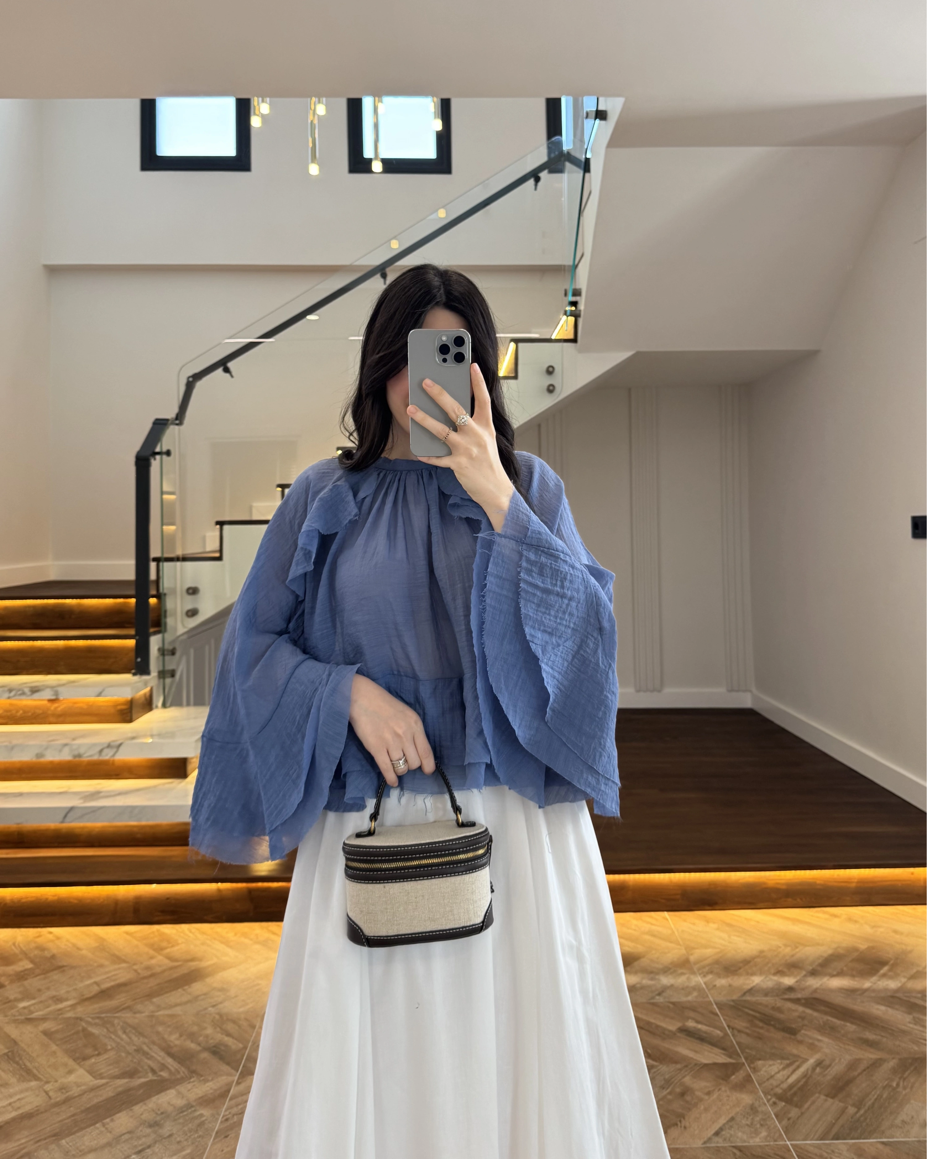 MAVİ KOLLARI FIRFIRLI BLUZ-5009