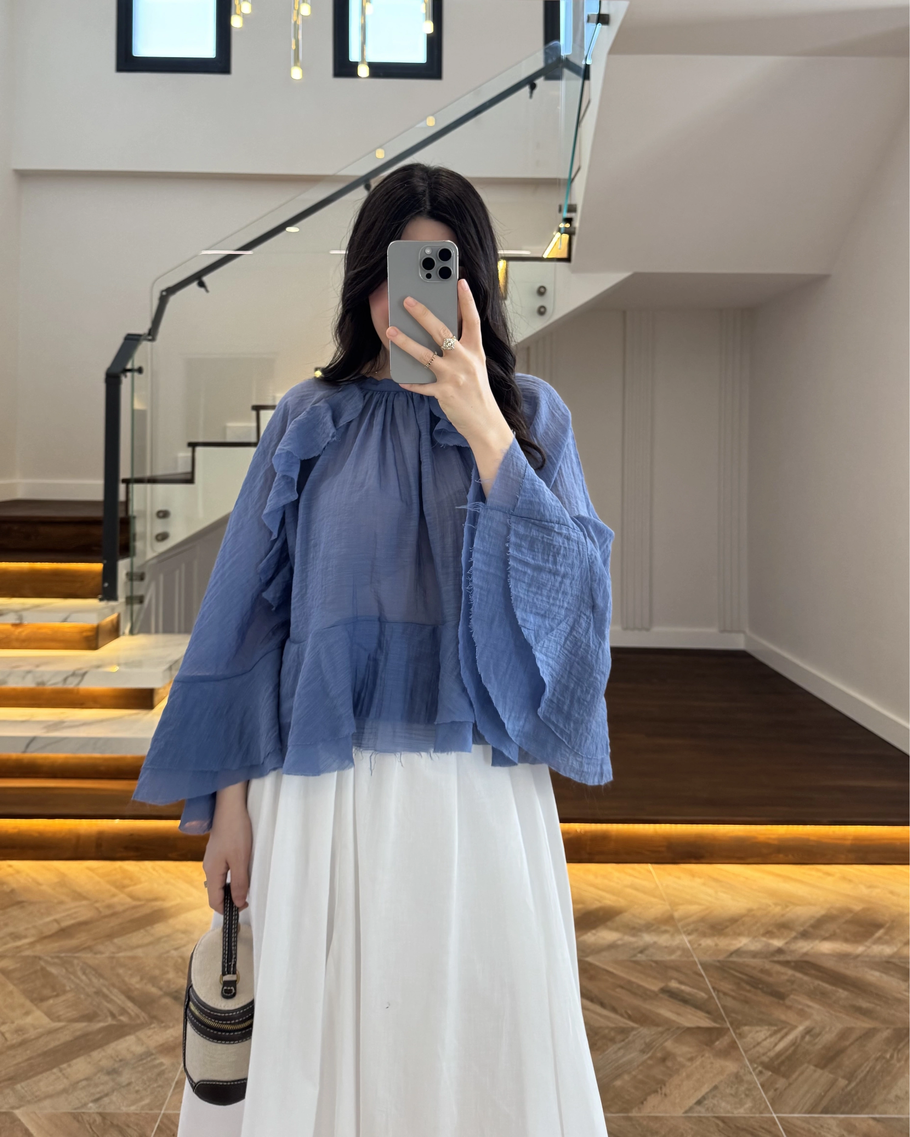 MAVİ KOLLARI FIRFIRLI BLUZ-5009