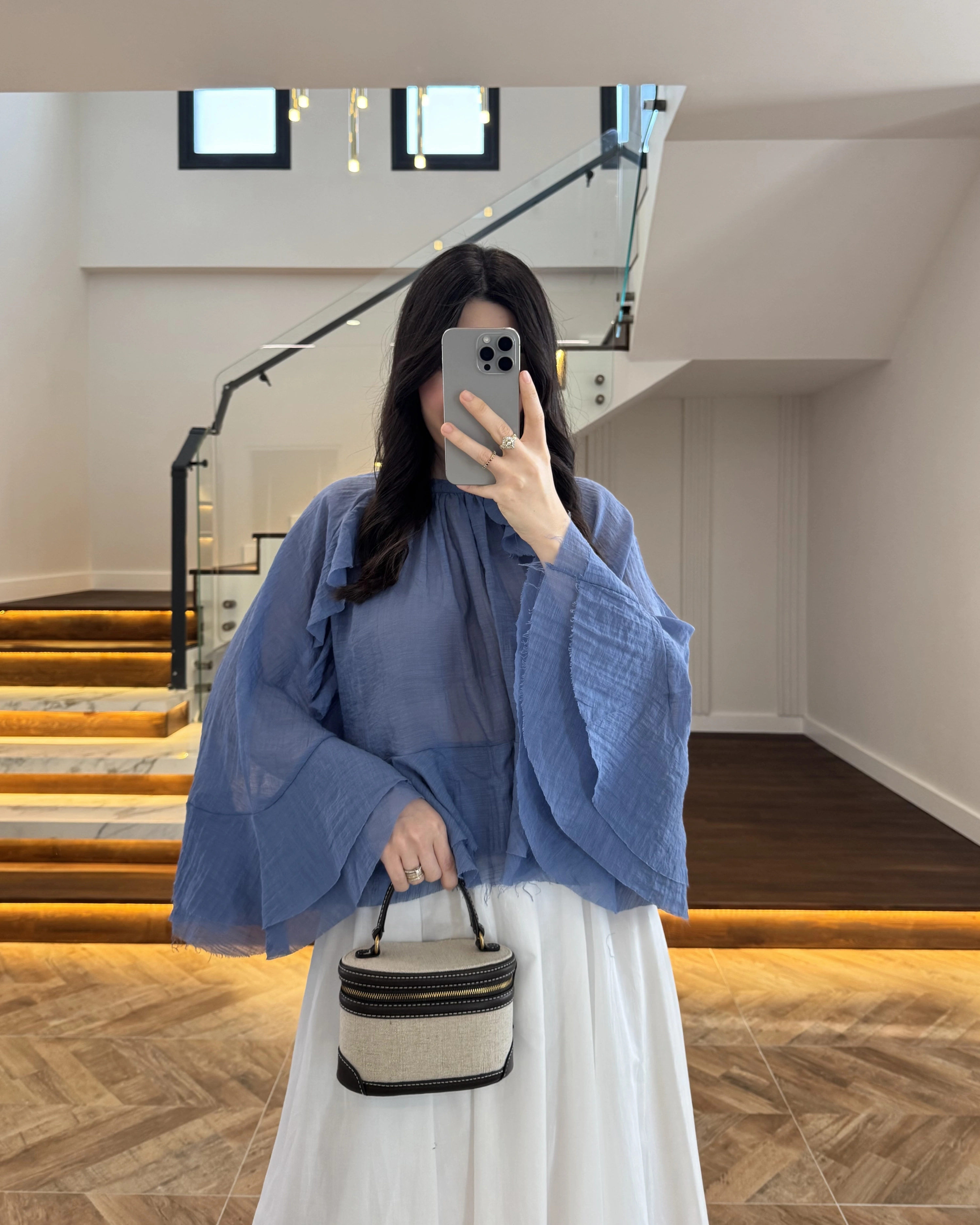 MAVİ KOLLARI FIRFIRLI BLUZ-5009