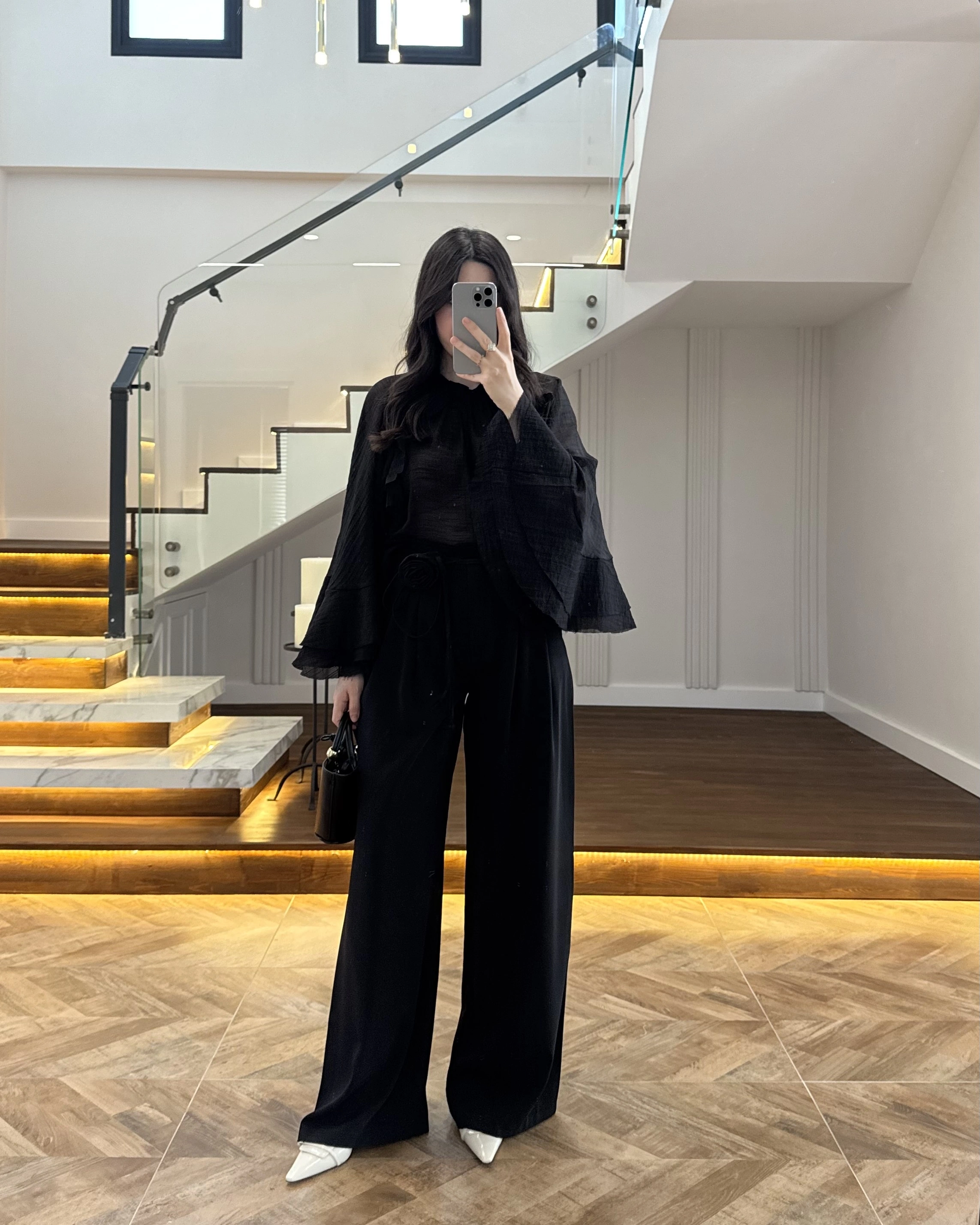 SİYAH GÜL BROŞLU PALAZZO PANTOLON-3902