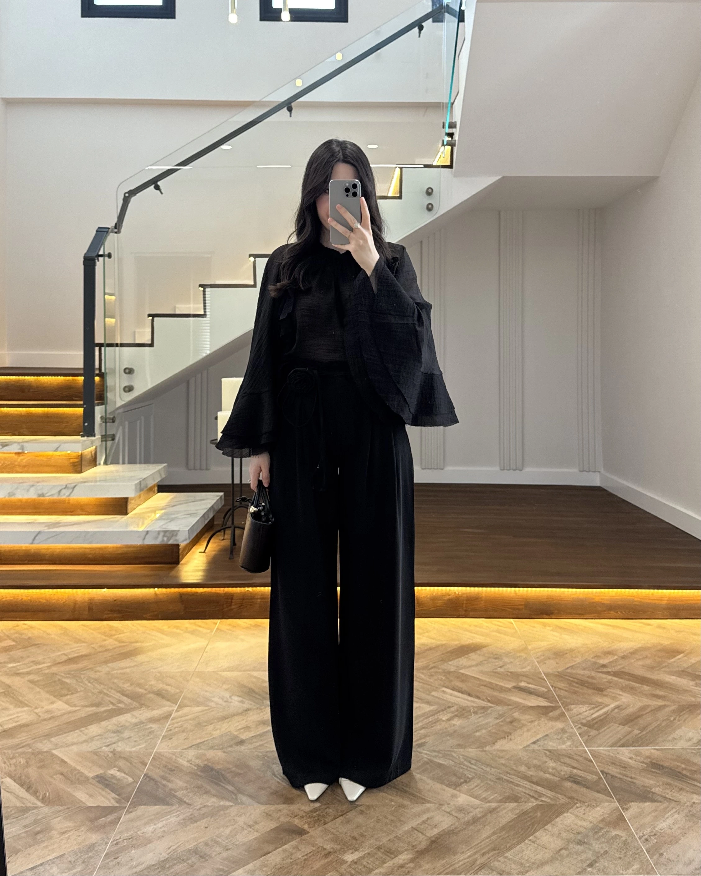 SİYAH GÜL BROŞLU PALAZZO PANTOLON-3902