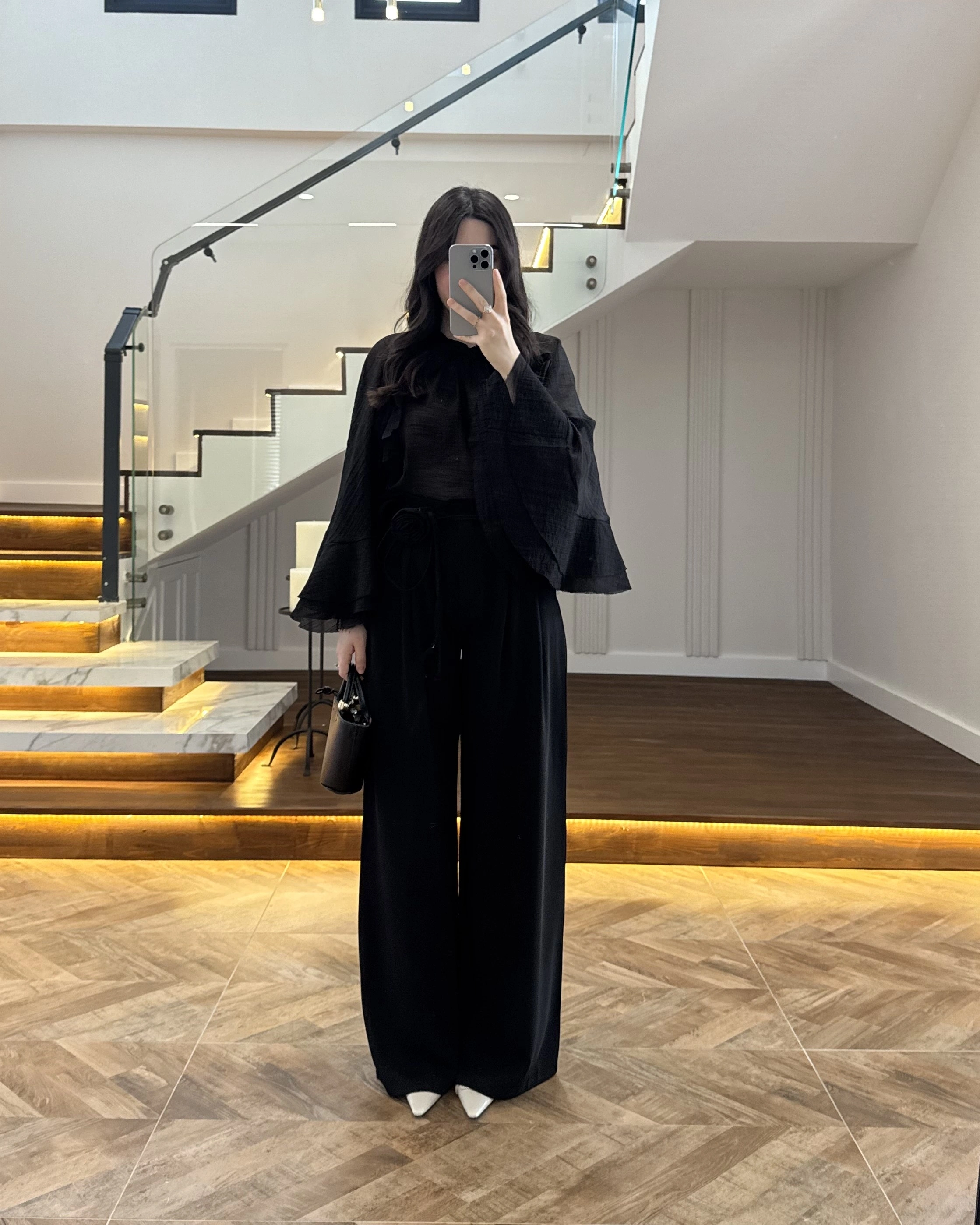 SİYAH GÜL BROŞLU PALAZZO PANTOLON-3902