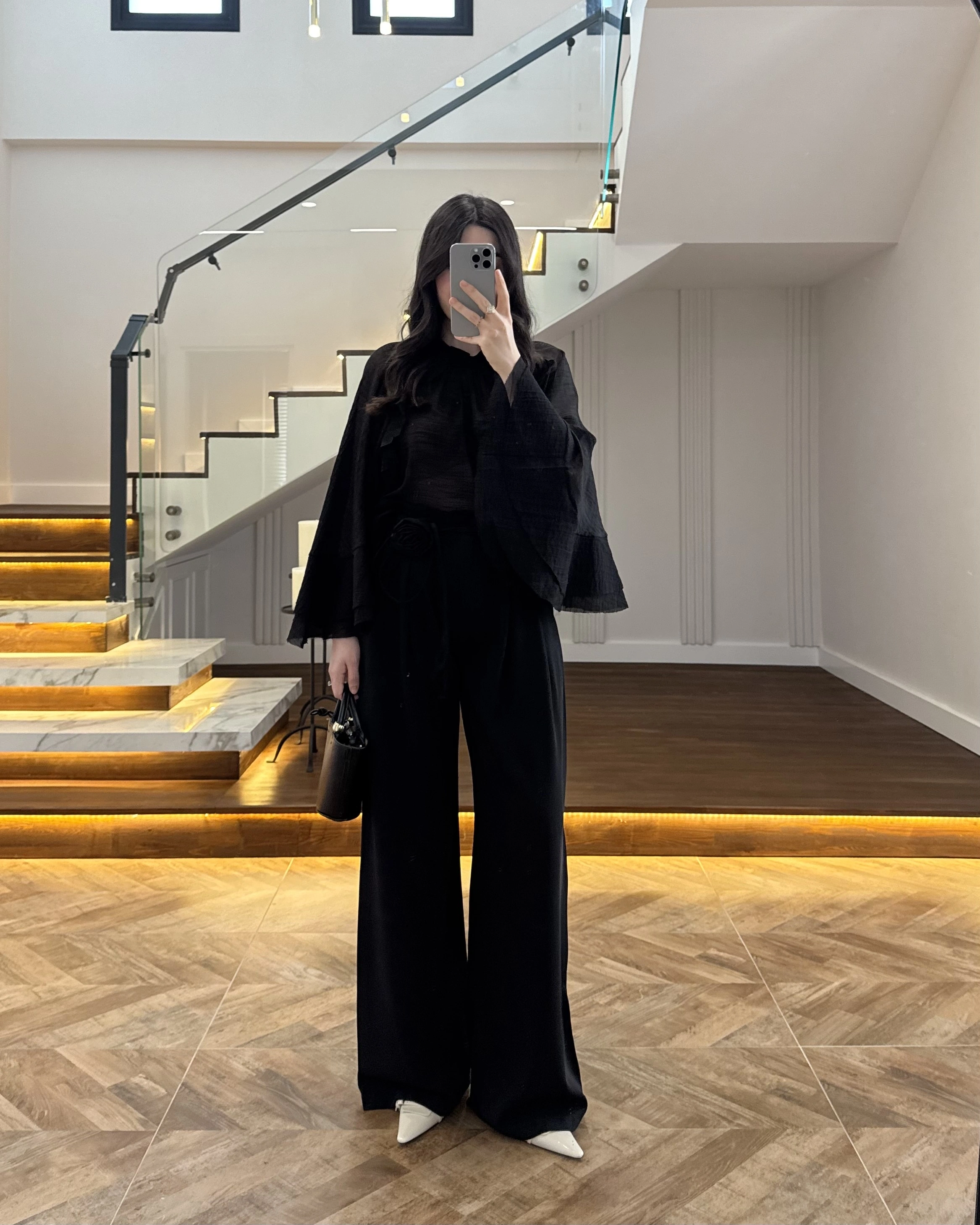 SİYAH GÜL BROŞLU PALAZZO PANTOLON-3902