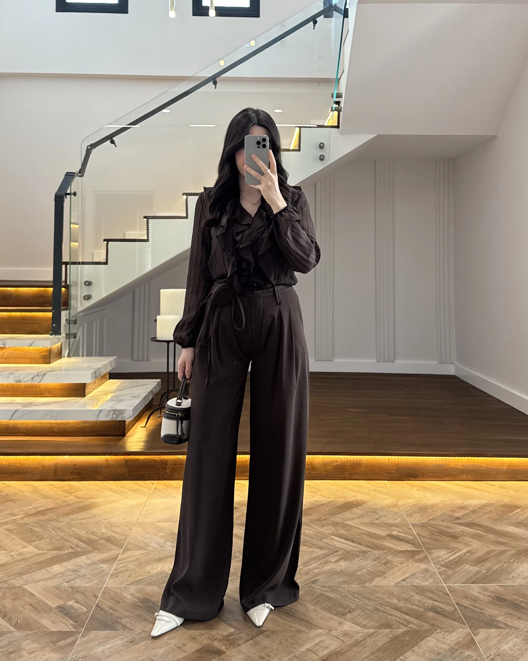 KAHVE GÜL BROŞLU PALAZZO PANTOLON-3902