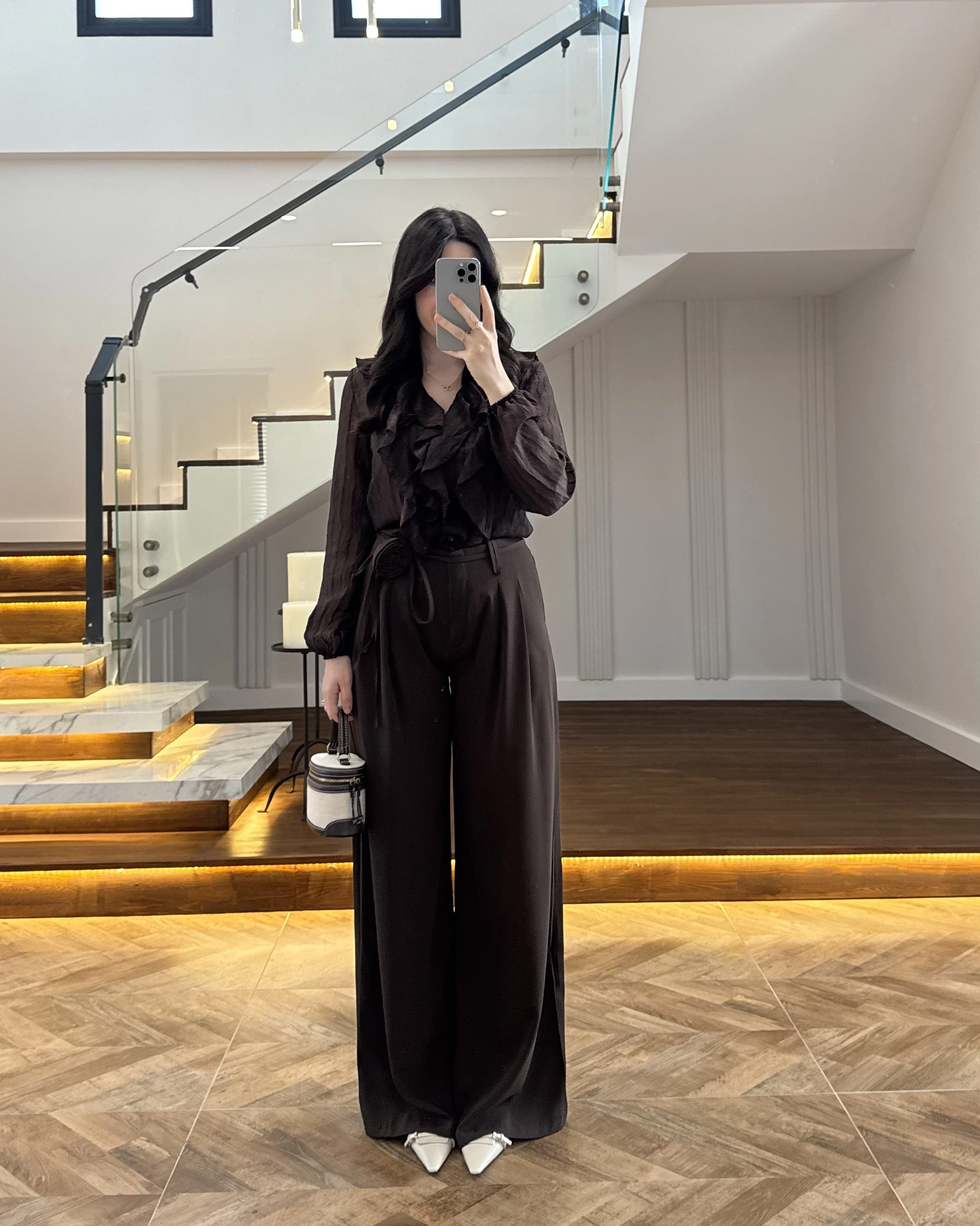 KAHVE GÜL BROŞLU PALAZZO PANTOLON-3902