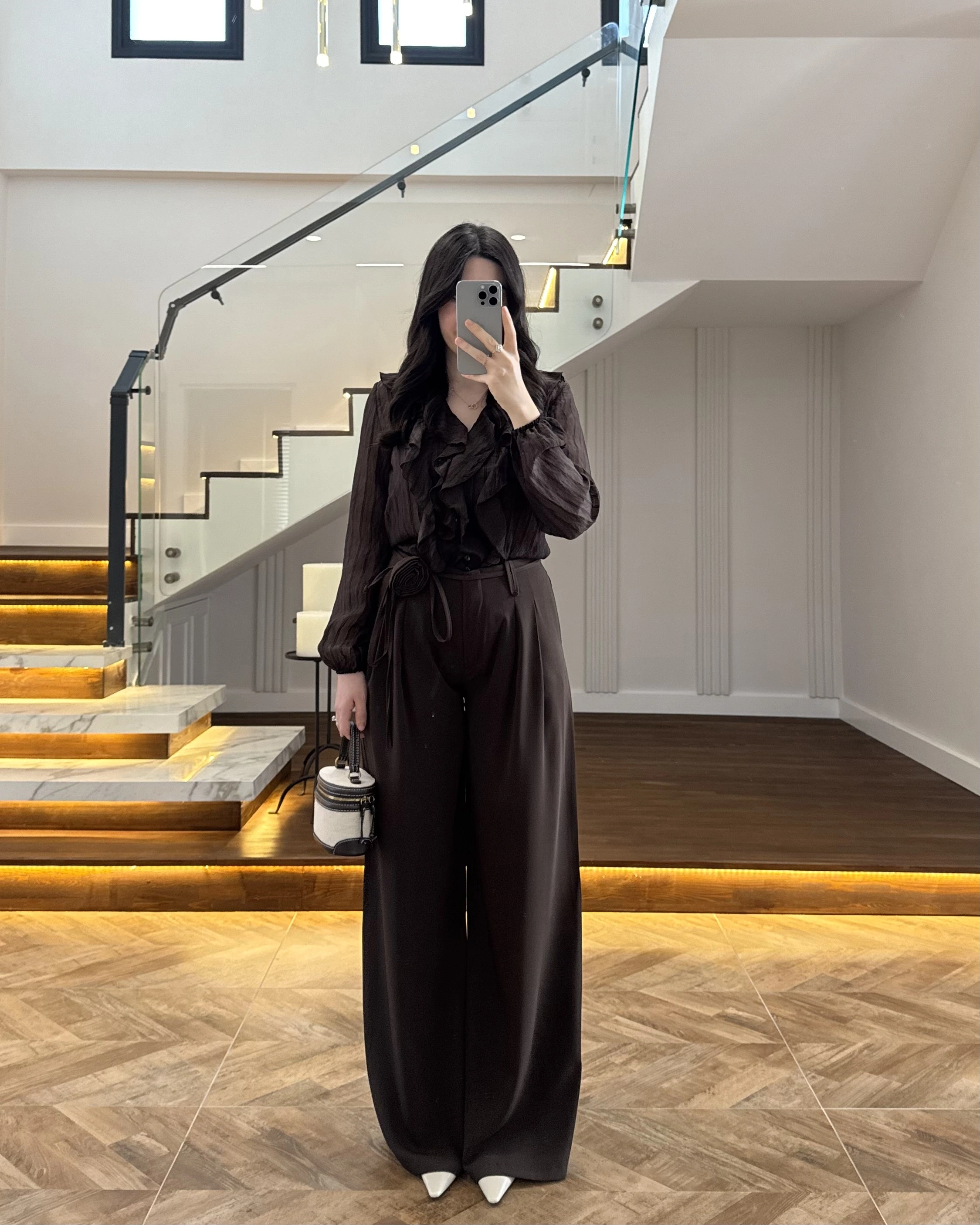 KAHVE GÜL BROŞLU PALAZZO PANTOLON-3902