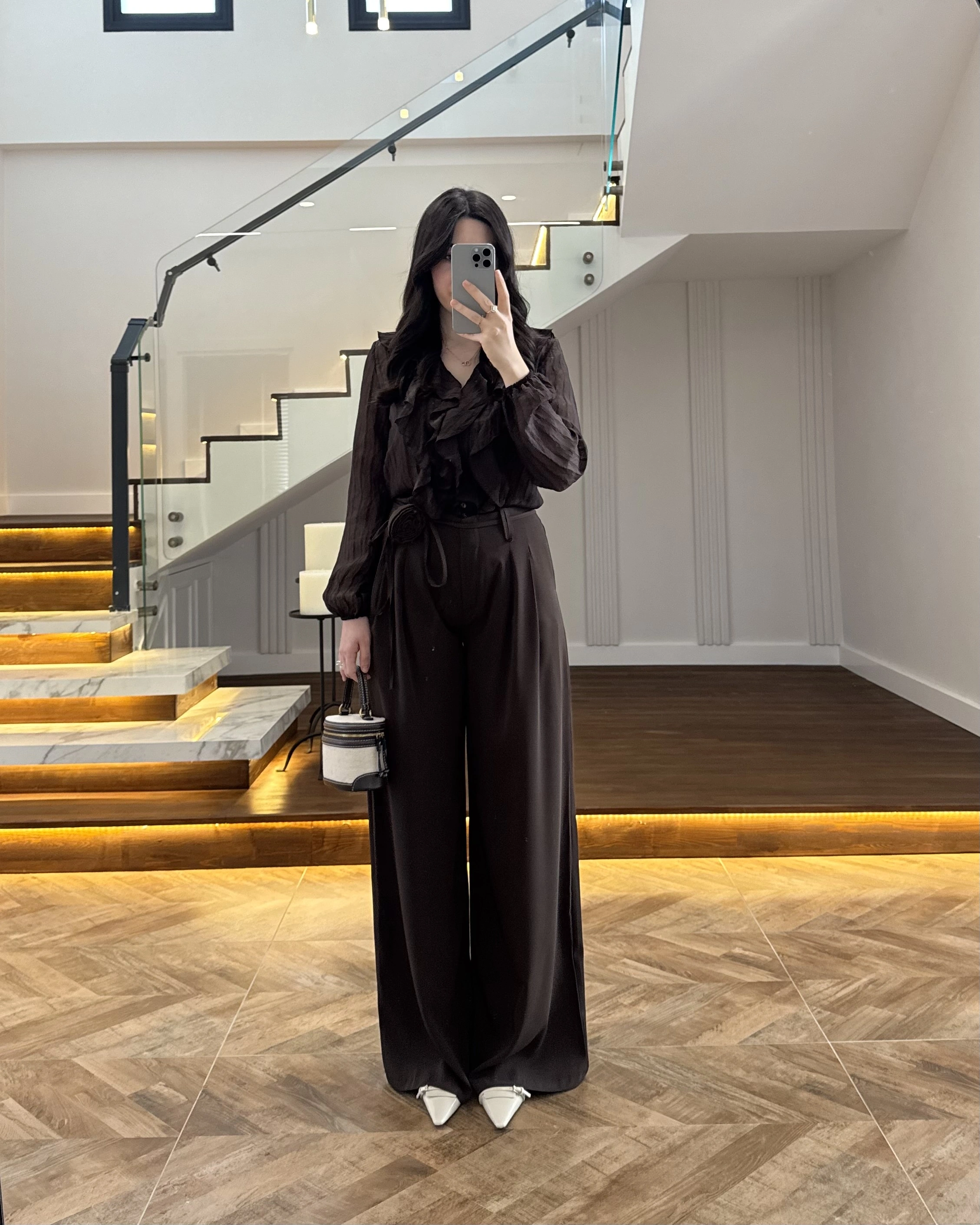 KAHVE GÜL BROŞLU PALAZZO PANTOLON-3902