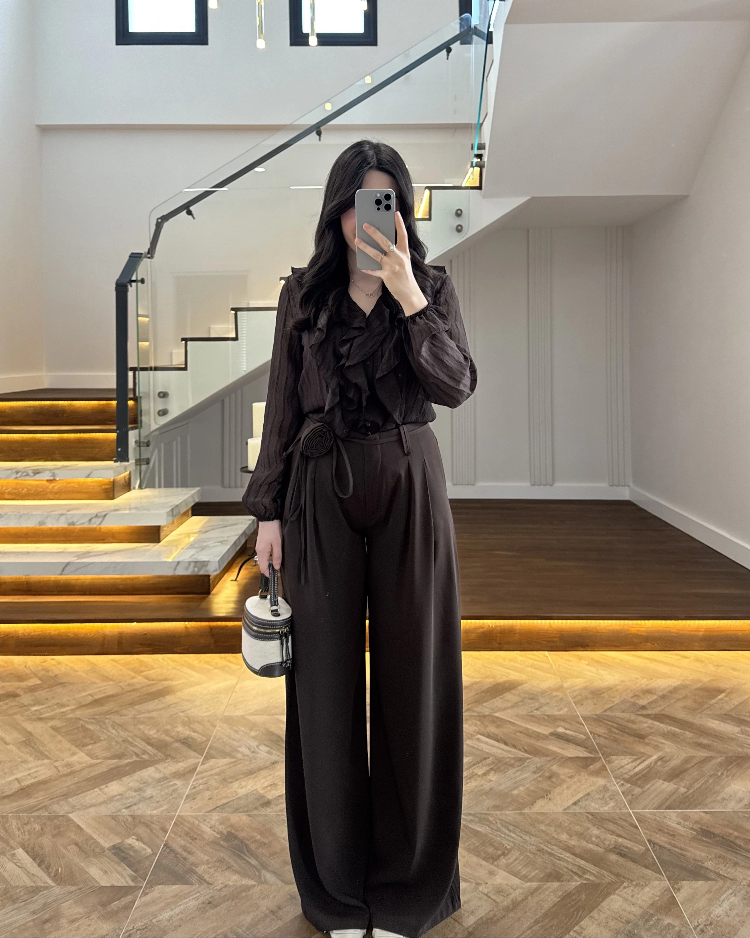 KAHVE GÜL BROŞLU PALAZZO PANTOLON-3902