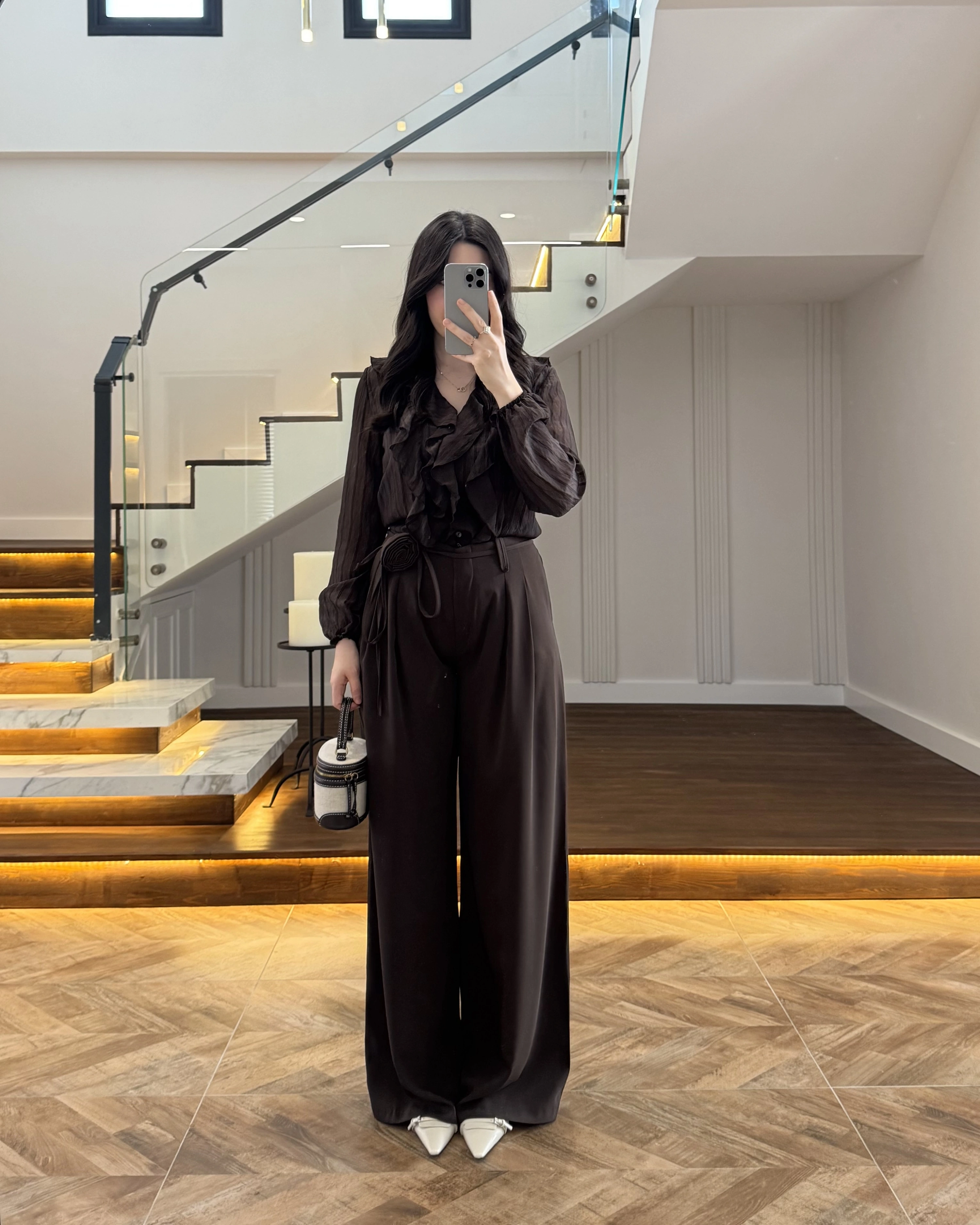 KAHVE GÜL BROŞLU PALAZZO PANTOLON-3902